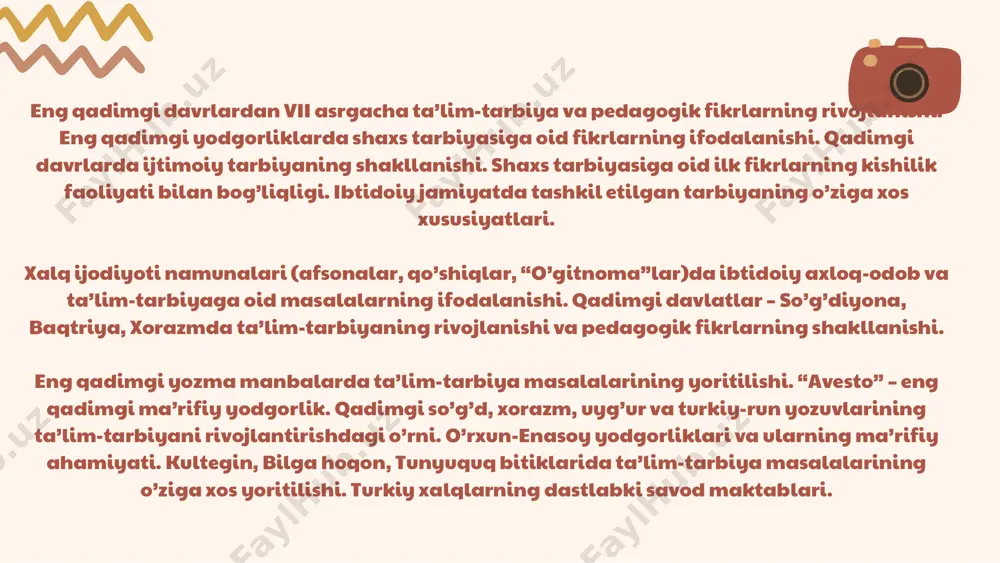 eng qadimgi zamonlardan to hozirgi kungacha tarbiya, maktab va pedagogik fikrlarning rivojlanish jarayoni. o’zbekistonda pedagogik fikrlar rivoji; jahon pedagogik fikrlari rivoji (eng qadimgi davrlardan hozirgi kungacha). biroq pedagogika tarixini o’rganishni insoniyat tarixi bilan bog’liqlikda o’rganish maqsadida quyidagi tarzda davrlashtish maqsadga muvofiq: eng qadimgi davrlardan vii asrgacha ta’lim-tarbiya va pedagogik fikrlar; vii asrdan xiv asrning birinchi yarmifacha o’rta osiyoda tarbiya, maktab va pedagogik fikrlar; sharq uyg’onish davrida pedagogik fikrlarning rivojllanishi; xiv asrning ikkinchi yarmi va xvi asrda movaraunnahrda tarbiya va maktab 1917-1991 yillarda o’zbekistonda ta’lim tizimi va pedagogik fikrlar rivoji; mustaqil o’zbekiston ta’lim tizimi. mustaqillik yillarida pedagogik fikrlar rivoji; eng qadimgi davrlardan xix asrning birinchi yarmida jahon pedagogika fanining rivojlanish tarixi; xix asrning 2-yarmi – xx asrda jahon pedagogika faning rivoji; hozirgi davrda jahon mamlakatlari ta’lim tizimi va pedagogika fani rivoji. 5-ilova eng qadimgi davrlardan vii asrgacha ta’lim-tarbiya va pedagogik fikrlar taraqqiyoti. . xv-xvi asrlarda amir temur, alisher navoiy, abdurazzoq samarqandiy, …