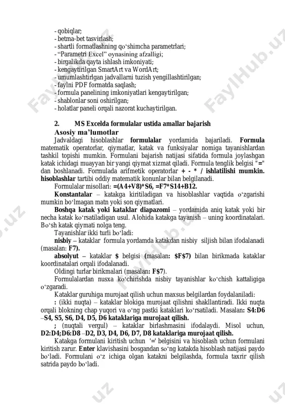 d3, d4 b2:b5 - diapazonida 4 ta katak bo‗lib, ular b2, b3, b4, b5; b2:e2 - diapazonida ham 4 ta katak bo‗lib, ular b2, c2, d2, e2. umumiy holda excel 2007 da quyidagi imkoniyatlar jamlangan: - yangi ko‗rinishdagi interfeys; - ishchi varaq kengaytirilgan; - katta hajmdagi fayllar bilan ishlashi; - katakga nisbatan formatlash soni ko‗paytirilgan; - bekor qilish qadami 100 tagacha; - formulaning uzunligi 8000 tagacha; - formulada 64 tagacha ichma-ich joylashuv mumkin; - formulani avtotugatilishi; - diagrammaning tashqi ko‗rinishlari yaxshilangan; - ishchi kitob mavzulari; 1 informatika va axborot texnologiyalari: oliy ta’lim muassasalari talabalari uchun darslik / s.s. g’ulomov, b.a. begalov; o’zr oliy va o’rta-maxsus ta’lim vazirligi, toshkent davlat iqtisodiyot universiteti. – t.: fan, 2010. – 704 b. - qobiqlar; - betma-bet tasvirlash; - shartli formatlashning qo‗shimcha parametrlari; - ―parametri excel‖ oynasining afzalligi; - birgalikda qayta ishlash imkoniyati; - kengaytirilgan smartart va wordart; - umumlashtirlgan jadvallarni tuzish yengillashtirilgan; - faylni …