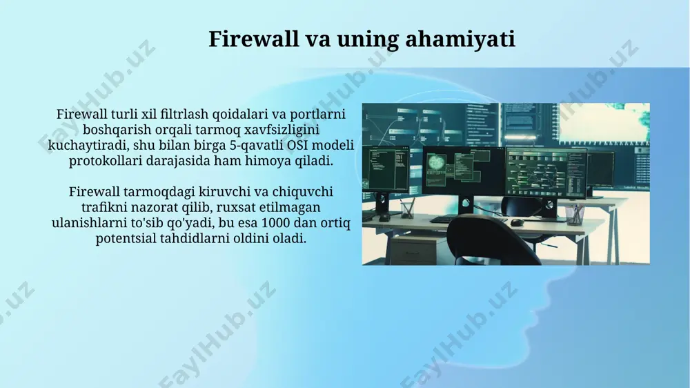 ng 90% dan ortig'i foydalanuvchi ma'lumotlarini shifrlaydi va qurbonlardan fidye talab qiladi, bu esa kriptovalyuta orqali amalga oshiriladi va bu jarayon 24 soat davom etishi mumkin. zero-day ekspluatatsiyasi bilan ishlaydigan zararli dasturlar mavjud bo'lib, ular operatsion tizimning noma'lum zaif tomonlaridan foydalanib, himoya tizimlarini chetlab o'tishadi va bu 100% muvaffaqiyat kafolatini bermaydi. operatsion tizimlarni himoya qilish usullari firewall (o't o'chirgich) devorlarini faollashtirish va ularni moslashtirish, noaniq tarmoq trafikini 75% ga qadar blokirovka qilish orqali tizimga kirishni cheklaydi va zararli dasturlar kirib kelishini oldini oladi. operatsion tizimlarni muntazam ravishda yangilash, kamida oyiga bir marta xavfsizlik yamoqlari va dasturiy ta'minot yangilanishlarini o'rnatish, 90% dan ortiq ma'lum xavfsizlik zaifliklarini bartaraf etishga yordam beradi. fihshing va ijtimoiy muhandislik xurujlari ijtimoiy muhandislik orqali amalga oshiriladigan fişing hujumlarining 60% dan ortig'i elektron pochta orqali amalga oshiriladi va foydalanuvchilarning shaxsiy ma'lumotlarini o'g'irlashga qaratilgan. fişing hujumlarida 2023-yilda o'rtacha zarar 4000 aqsh dollarini tashkil etgan bo'lib, bu ijtimoiy muhandislikning yuqori …