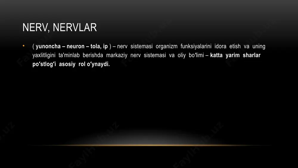 shqaradigan neyronlar ham kirishi mumkin. nerv regulyator (regulyasiya ) bu--nerv sistemasining , hujayra, toʻqima, organlarga ular faoliyatini organizm ehtiyoji hamda tashqi muhit oʻzgarishiga muvofiq holda uygʻunlashtiruvchi ta'siridir. nerv regulasiya natijasida hujayra, organlar faoliyati toʻxtashi, kuchayishi, sekinlashishi, funksional va biokimyaviy holati, tuzilish xususiyatlari oʻzgarishi mumkin. bir hujayra faoliyati boshqa hujayrada hosil boʻlgan moddalar almashinuvi mahsuloti bilan boshqariladi. biron bir hujayrada membranasida vujudga kelgan qoʻzgʻalish ba'zan hujayradan hujayraga oʻtishi mumkin. shu tariqa hujayraning evolyusiya jaroyonida , asosan, 2 xil uygʻunlashtiruvchi mexanizm: nerv regulyasiya va gormonal regulyasiya paydo boʻlgan. shunga koʻra 2 xil modda—gormon va mediatorlar ajratiladi. gormon butun organizmga qon bilan tarqalgani sababli gormonal regulasiya keng doirada sekin, nerv regulyasiya esa tor doirada tez amalga oshishi mumkin. nerv regulyasiya tezligi va qanday doirada oʻtishi harakatni boshqarishda katta ahamiyatga ega, shuning uchun takomillashgan organizmlar nerv sistemasi yaxshi rivojlangan. sinapslar odam bosh miyasidagi neyronlaroro tutashmalar ( sinapslar ) soni 10¹³- 10¹ gacha borishi mumkin.nerv …