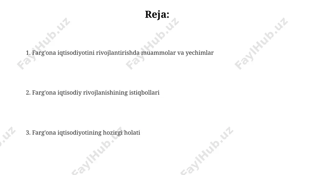 ejalashtirilgan bo'lib, bu hududning iqtisodiy o'sishini ta'minlaydi. sanoatning rivojlanishi va diversifikatsiyasi 2023 yilgi ma'lumotlarga ko'ra, fеrgana viloyatida 1000 dan ortiq kichik va o'rta korxonalar faoliyat yuritmoqda, ular sanoatning diversifikatsiyasiga sezilarli hissa qo'shmoqda. tekstil va to'qimachilik sanoati fеrgana viloyati sanoatining 30% dan ko'prog'ini tashkil etadi, ammo yaqinda kimyo va metallurgiya kabi sohalarning rivojlanishi kuzatilmoqda. fеrgana vodiysi sanoatining yalpi qo'shilgan qiymatida qishloq xo'jaligi mahsulotlarini qayta ishlash 25% dan ortiqni tashkil etadi, bu diversifikatsiya salohiyatini ko'rsatadi. iqtisodiy taraqqiyot uchun strategik yo'nalishlar ферғона водийсидаги 50 дан ортиқ кичик ва ўрта корхоналарни кластерларга бирлаштириш орқали уларнинг экспорт салоҳиятини 20% га ошириш режалаштирилган. аграр сектордаги рақамли технологияларни жорий этиш орқали маҳсулотдорликни 15% га ошириш ва сув ресурсларидан фойдаланиш самарадорлигини 10% га яхшилаш кўзда тутилган. ферғона водийсининг экспорт географиясини кенгайтириш бўйича стратегия 2025 йилгача 15 та янги бозорни ўзлаштиришни назарда тутади. farg'ona vodiysining geografik joylashuvi va imkoniyatlari fargʻona vodiysida 10 million kishidan ortiq aholi yashaydi, bu esa …