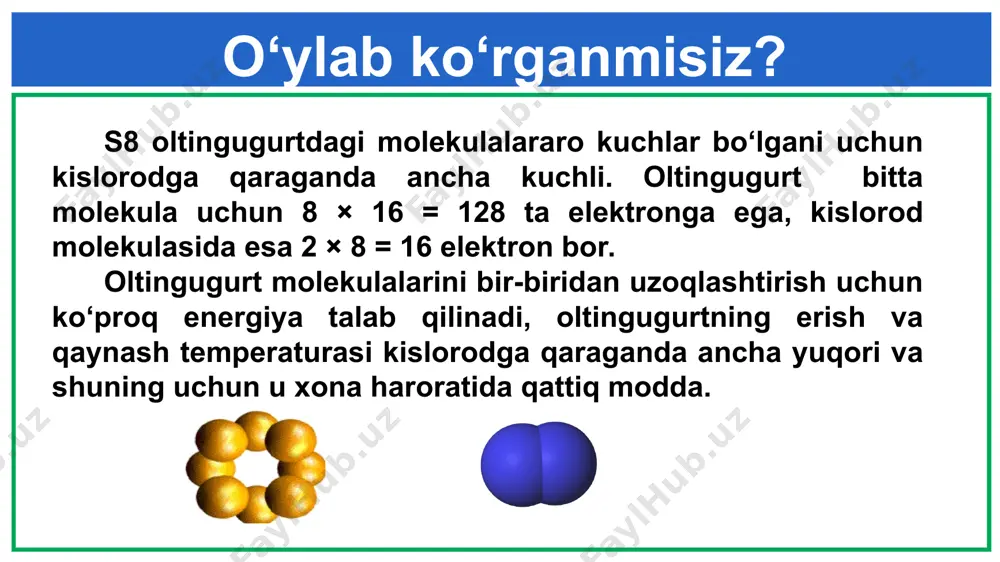 hi tuzi qo‘shilsa, qora rangli cho‘kma pbs hosil qiladi. bu tajriba asosida sulfid ioni aniqlanadi. topshiriq 80 g oltingugurtni oksidlash uchun n.sh.da o‘lchangan qancha hajm havo kerak? topshiriq mis sulfat eritmasidan vodorod sulfid gazi o‘tkazilsa, qanday hodisa sodir bo‘ladi? reaksiya tenglamalarini yozing. mustaqil bajarish uchun topshiriqlar: darslikning 134-135-sahifalaridagi “oltingugurtning vodorodli birikmalari” mavzusini o‘qing va topshiriqlarga javob yozing. kimyo 8 - sinf mavzu: oltingugurtning kislorodli birikmalari takrorlash ushbu atamalarga izoh bering. vodorod sulfid, sulfid kislota, sulfid ioni, sulfid ioni uchun xos reaksiyalar. oltingugurt oksidlari oltingugurtning amaliy ahamiyatga ega bo‘lgan ikki xil oksidi bor. oltingugurt (iv )-oksid so2 oltingugurt (vi )-oksid so3 tabiatda vulqon gazlarida va tabiiy ko‘mirning yonishidan hosil bo‘lgan gazlar tarkibida uchraydi. oltingugurt (iv )-oksid so2 so3 — oltingugurtning yuqori oksidi bo‘lib, 45°c da qaynaydigan, 17°c da oq kristall massaga aylanadigan rangsiz suyuqlik. oltingugurt (vi )-oksid so3 oltingugurt (vi )-oksid asosan sulfat kislota ishlab chiqarish uchun ishlatiladi. quyidagi o‘zgarishlarni amalga …