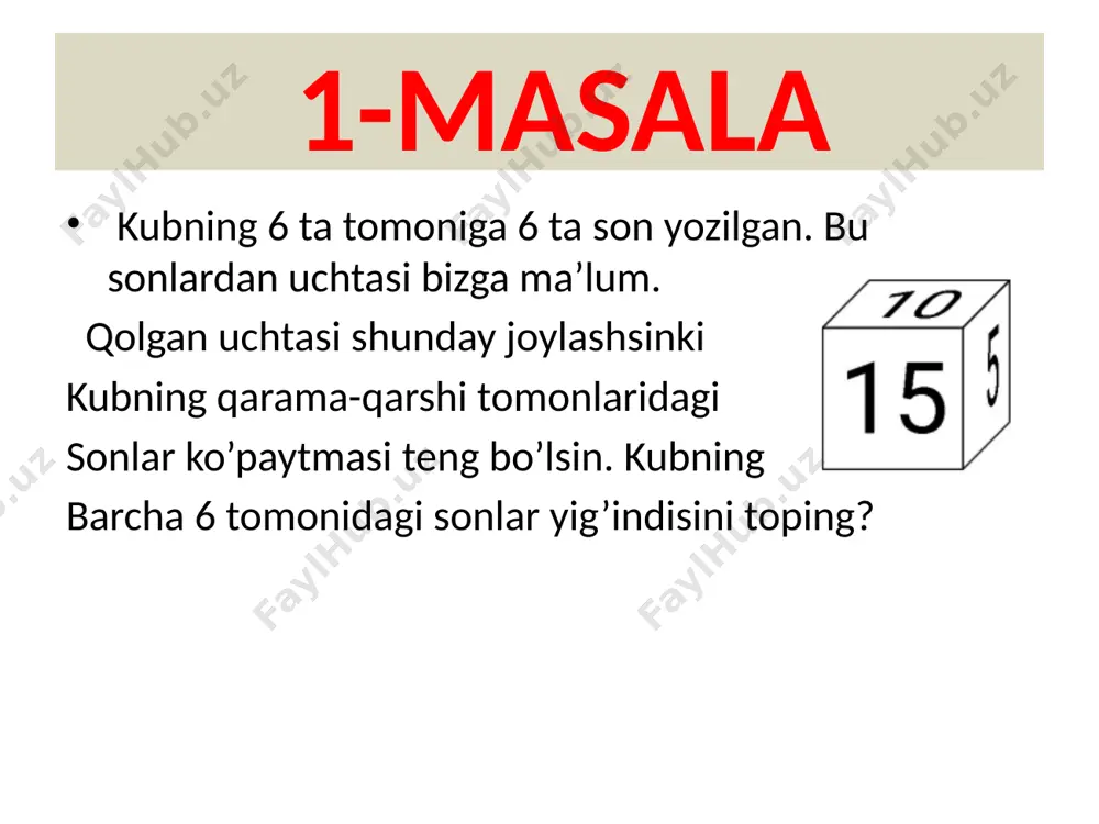 tobni 7 soatda, ikkinchisini 5 soatda o‘qib chiqdi. agar birinchi kitob ikkinchisiga qaraganda 40 bet ko‘p bo‘lsa, qizcha bir soatda necha bet o‘qigan? 7-masala po‘lat 9 ta qalam, yo‘ldosh esa xuddi shunday 5 ta qalam sotib oldi. hamma xarid uchun po‘lat yo‘ldoshga qaraganda 400 so‘m ortiq to‘ladi. bitta qalam necha so‘m turadi? image1.png image2.png image3.png image4.png image5.png image6.png image7.png image8.png /docprops/thumbnail.jpeg