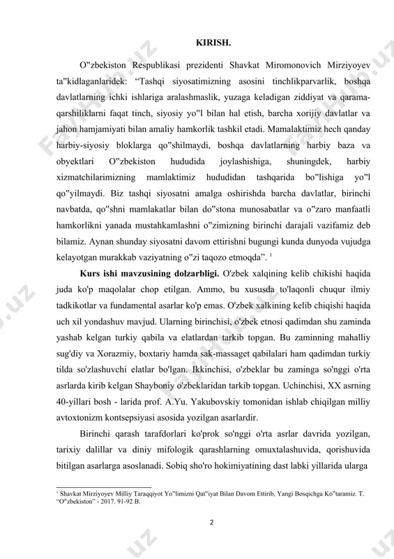 topgan. bu zaminning mahalliy sug'diy va xorazmiy, boxtariy hamda sak-massaget qabilalari ham qadimdan turkiy tilda so'zlashuvchi elatlar bo'lgan. ikkinchisi, o'zbeklar bu zaminga so'nggi o'rta asrlarda kirib kelgan shayboniy o'zbeklaridan tarkib topgan. uchinchisi, xx asrning 40-yillari bosh - larida prof. a.yu. yakubovskiy tomonidan ishlab chiqilgan milliy avtoxtonizm kontsepsiyasi asosida yozilgan asarlardir. birinchi qarash tarafdorlari ko'prok so'nggi o'rta asrlar davrida yozilgan, tarixiy dalillar va diniy mifologik qarashlarning omuxtalashuvida, qorishuvida bitilgan asarlarga asoslanadi. sobiq sho'ro hokimiyatining dast labki yillarida ularga 1 shavkat mirziyoyev milliy taraqqiyot yo‟limizni qat‟iyat bilan davom ettirib, yangi bosqichga ko‟taramiz. t. “o‟zbekiston” - 2017. 91-92 b. zidli o'laroq, ikkinchi karash asosida yozilgan asarlar paydo bo'ldiki, ular o'rta osiyoning tub joyli aholisi qadimdan eroniy tillarda so'zlashgan. turkiy etnos vakillari esa, bu zaminga xvi asrning boshlarida dashti qipchoqdan shayboniyxon bilan birga kirib kelgan. shuning uchun o'zbeklar "kelgindi" bo'lib, mahalliy tub joyli xalq sug'diylar, boxtariy va xorazmiylar, choch va kadimgi farg'ona, ustrushona va …