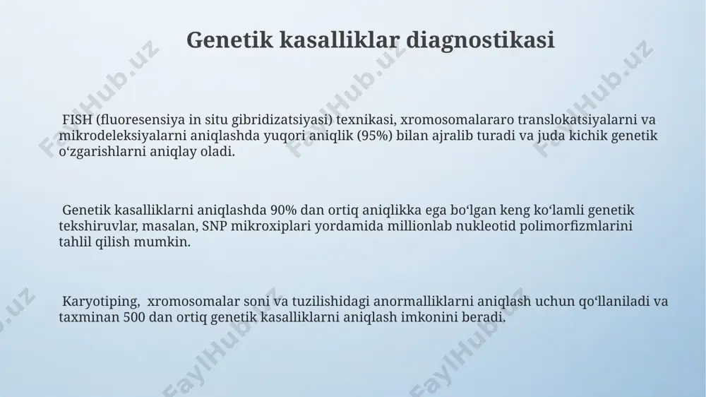 kin. dnkning miqdoriy tahlili spektrofotometriya yordamida 260 nm toʻlqin uzunligida oʻlchanadi va natija a260/a280 nisbati bilan ifodalanadi, bu esa dnkning tozaligini koʻrsatadi (ideal holatda 1.8 ga yaqin). dnkni ajratib olishda, masalan, fenol-xloroform usuli yordamida 200-500ng dnk namunasi olish mumkin boʻlib, bu keyinchalik pcr yoki sekvenirovka kabi tahlillar uchun yetarli hisoblanadi. e'tiboringiz uchun rahmat @taqdimot_robot image4.png image3.jpeg