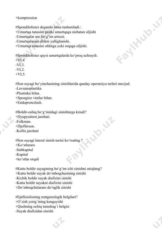 -ko‘krak qafasini jarohatini bilak suyaklarining sinishi bilan +ko`krak qafasini jarohatini son suyagi yopiq sinishi bilan #gemopnevmatorksda plevral bo‘shliqni qovurg‘alar oralig‘idan drenajlash naychasini diametri qanday bo‘lishi lozim? -ii qovurg‘alar oralig‘idan o‘rta o‘mrov chizig‘i bo‘yicha +iv qovurg‘alar oralig‘idan o‘rta qo‘ltiqosti chizig‘i bo‘yicha -drenaj naychasini diametri 12mm +drenaj naychasini diametric 5mm # diafragmaning uzilishning asosiy belgilari + plevra bo‘shlig‘ida tipik ichak shovqinlari eshitilishi - chuqur nafas olishda uzoq davom etadigan xiqichoq tutishi + rentgan tekshiruvida ichak va oshqozoning ko‘krak bo‘shlig‘iga siljiganligi - jarohatlangan tomonda vezikular nafas olishning susayganligi #qovurg‘alarning murakkab sinishida ko‘krak qafasining jarohatida quyidagi usulda og‘riqsizlantirish o‘tkazilishi lozim? +a.v. veshneevskiy usulida vagosimpatik blokada +peredural anestiziya -paravertebral novokainli blokada -to`sh orti novokainli blokada #qovurg‘alarning oddiy sinishidagi o‘griqsizlantirish +paravertebral novokainli blokada +singan qovurg‘alar sohasidagi novokainli blokada -promedol qilish -morfin qilish #xilotoraksning klinik ko‘rinishi quyidagilar: -temperaturani 38°s gacha oshishi, +gemotoraks klinikasi, +punksiyada plevral suyuqlik:ko‘rilganda oq-pushti tepasi quyuq, pasti suyuq qavat, -petrov probasi musbat #to‘shning lat …
