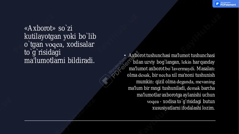 252&m=db slide 1: axborot nima? slide 2: «axborot» so`zi kutilayotgan yoki bo`lib o`tgan voqеa, xodisalar to`g`risidagi ma'lumotlarni bildiradi. slide 3: inson axborotni qanday qabul qiladi? slide 4: ko'z slide 5: quloq slide 6: burun slide 7: og'iz slide 8: teri slide 9: axborot turlari slide 10: matnli axborot slide 11: belgili axborot slide 12: grafikli axborot slide 13: axborot turlari slide 14: iqtisodiy axborot
