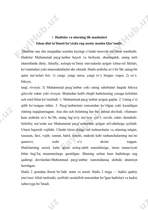 kitobini ibn shihob az-zuhriy yozdi. undan keyin birin-ketin hadis to’plamlari tasnif etila boshladi. lekin bu to’plamlar muayyan tartibga solinmagan, boblarga ajratilmagan bo’lib, ularda payg’ambar hadislari bilan sahobalar va tobe’inlarning fatvolari chalkashtirib yuborilgan edi. tarixiy manbalarning dalolat berishicha, umaviy xalifasi umar ibn abdulaziz davrida (717 — 720) muhaddis olim muhammad ibn shihob az-zuqriy (670-721) tadvin, ya’ni hadislarni qayd etishni boshlab bergan. hadislarni yozib borish, hadis to‘plamlarini tuzish rasmiy ravishda mazkur xalifa tomonidan buyruq berilganidan so‘ng keng tus olgan va an’ana tarzida odat tusiga kirgan. payg’ambar vafot etganlaridan so’ng ma’lum darajada tortishuv va munozaralardan keyin har xil mavzularga doir hadislar kitobat holiga keltirila boshlandi. masalan, sahobalardan jobir ibn abdulloh haj ziyoratining yo’lyo’riqlari («manosik al-haj») xususidagi hadislardan bir kichik kitob bitgan bo’lsa, samara ibn jundab esa rasulullohdan eshitgan hadislari asosida o’z o’g’illariga bir vasiyatnoma yozib qoldiradi. “tobe’inlar davrida esa hadislarni kitobat etishga qarshilik qiluvchilar ozchillikni tashkil etib, uning kitobatini qo’llab-quvvatlagan tobe’iynlar esa aksariyatni …