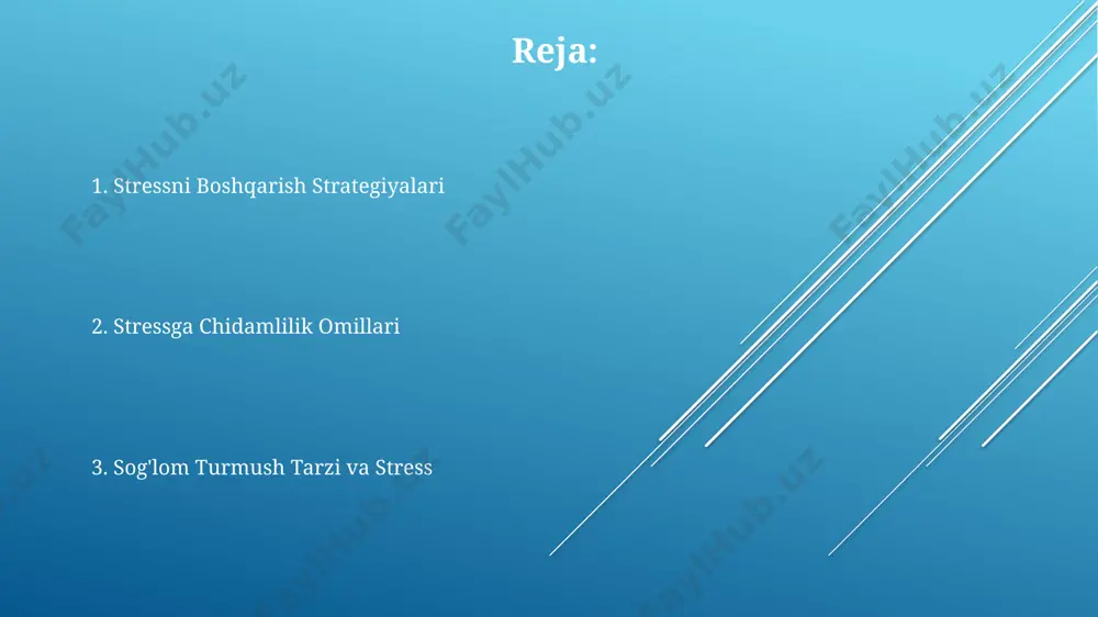 tressning organizmga ta'siri stress organizmda 20% gacha qon bosimining oshishiga, yurak urish tezligining 120 zarbaga/daqiqada yetishiga va 50% hollarda bosh og'rig'iga olib kelishi mumkin, ayniqsa, tokio kabi gavjum shaharlarda yashovchilar uchun. surunkali stress immun tizimini zaiflashtiradi, natijada yuqumli kasalliklarga chalinish xavfi 30% ga ortadi va butun dunyo bo'ylab, jumladan, aqshda ham, kasallik davomiyligini uzaytiradi. o'rtacha 35 yoshli odamda surunkali stress tufayli buyrak usti bezlari kortizol gormonini ortiqcha ishlab chiqarishi natijasida metabolik sindrom va semirish xavfi 2 marta ortadi, bu esa osiyo mamlakatlarida keng tarqalgan. sog'lom turmush tarzi va stress o'zbekistondagi 2022 yilgi milliy sog'liqni saqlash statistikasi ma'lumotlariga ko'ra, yoga va meditatsiya bilan muntazam shug'ullanuvchilar stress darajasi 15% ga past bo'lgan. sog'lom turmush tarzining 70% gacha qismi muntazam jismoniy mashqlar va to'g'ri ovqatlanishdan iborat bo'lib, toshkentdagi tadqiqotlar shuni ko'rsatdiki, bu stressga chidamliligini 30% ga oshiradi. samarqand viloyatida o'tkazilgan so'rov natijalariga ko'ra, kuniga kamida 8 soat uxlaydigan odamlarning stressga chidamliligi 25% yuqori …