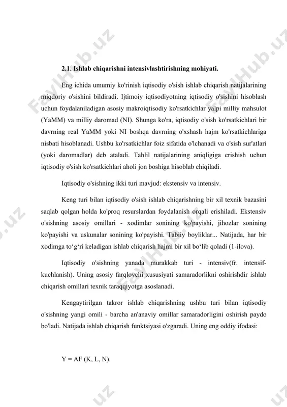 'jaligi tuzilmasini chuqur progressiv qayta qurish, tashabbuskor va yuqori malakali ishchi kadrlarni keng qamrovli tayyorlash bilan bog'liq. kengaytirilgan takror ishlab chiqarishning intensiv turining o'ziga xos xususiyati shundaki, u bilan iqtisodiy o'sishning juda yuqori sur'atlariga erishish mumkin emas. shu bilan birga, fan-texnika taraqqiyoti mamlakatning ishchi kuchiga ega bo'lgan hududlarida ortib borayotgan ishsizlikni keltirib chiqarishi mumkin. bozor nazariyalarida ikkala turdagi iqtisodiy o'sishning yuqoridagi omillari odatda yalpi taklif omillari deb ataladi. bularga qo'shimcha ravishda yalpi talab omillari, shuningdek, taqsimlash omillarining ahamiyati ta'kidlanadi. birinchisining roli umumiy xarajatlar darajasini oshirish orqali (c + i + g + xn) kengayib borayotgan resurslar hajmini to'liq qondirishni ta'minlashdan iborat. tarqatish omillari nafaqat resurslarning iqtisodiy aylanmaga to'liq jalb etilishini, balki ulardan eng samarali foydalanishni ta'minlashga qaratilgan. “umumiy ishlab chiqarish hajmini kengaytirish uchun ishlab chiqarishni ko‘paytirish imkoniyati yetarli emas, shuningdek, resurslarning o‘sib borayotgan hajmi va ularni taqsimlashda foydali mahsulotlarning maksimal miqdorini oladigan tarzda foydalanish zarur” /3, 256-b. va bu haqiqat. …