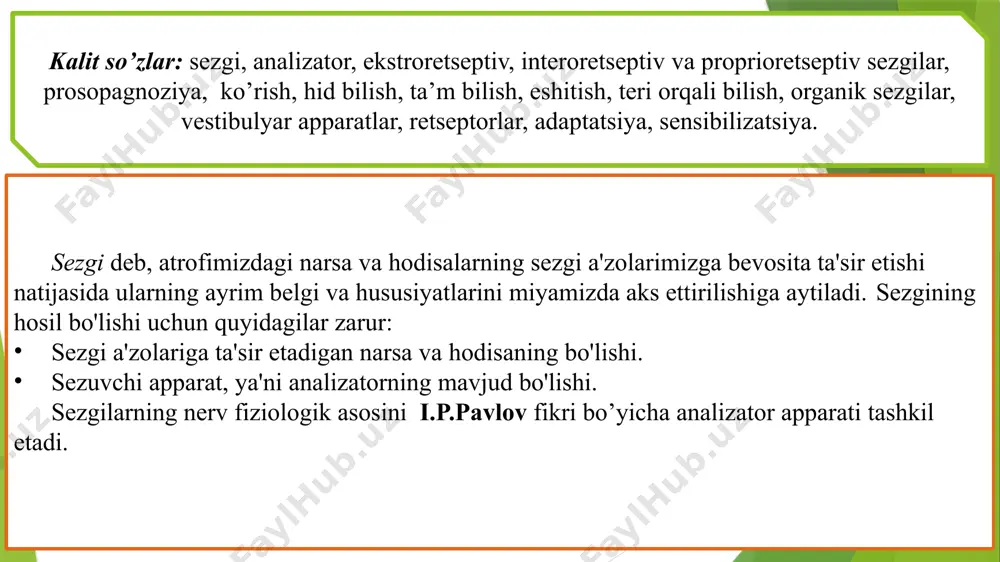 septiv sezgilar tashqi muhitdagi narsa vahodisalarningxususiyatlarini aks ettirishga moslashganhamda retseptorlari tananing sirtqiqismida joylashgan sezgilar; interoretseptiv sezgilar ichki tana a&amp;apos;zolariholatlarini aks ettiruvchihamda retseptorlari ichki tana a&amp;apos;zolarida, to‘qimalarda joylashgan sezgilar; proprioretseptiv sezgilar tanamiz va gavdamizningholatihamdaharakatlarihaqida ma&amp;apos;lumot (axborot,xabar) beruvchi muskullarda, bog`lovchi paylarda, mushaklarda joylashgan sezgilar; interoretseptiv sezgilar u borasida rus psixologi a.r.luriya tadqiqot ishini olib borgan. uning fikricha, interoretseptiv sezgilar asl, tub, ma'nodagi sezgilar emas, balki emotsiyalar bilan sezgilar o'rtasidagi oraliq sezgilar sifatida namoyon bo'ladi. psixologiya fanida mazkur sezgilar to'la o'rganilmaganligi sababli uni “noma'lum hislar” deb atalgan. interoretseptiv sezgilarning fiziologik mehanizmlari interosepsiya bilan birgalikda k.m.bikov, v.n. chernigovkiylar tomonidan atroflicha o'rganilgan. ularning fikriga ko'ra, bu narsalarning barchasi shartli reflektor faoliyati mehanizmlaridan kelib chiqadi sezgining quyidagi turlari mavjud: ko`rish sezgilari; eshitish sezgilari; hid bilish sezgilari; tam bilish sezgilari; teri sezgilari; mustaqil harakat(kinestetik); statistik sezgilari; organik sezgilari; ko'rish qobiliyati yordamida odam ob'ektning rangini, shaklini, hajmini, uning yoritilishini va u joylashgan masofani ajrata oladi. shunday qilib, inson …