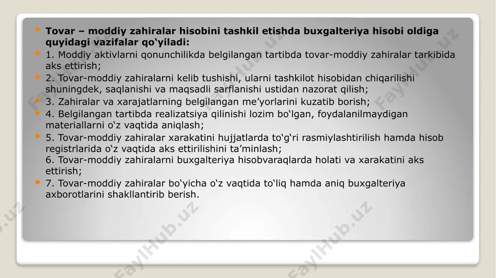 hqalar) asosida ushbu material zahiralar olingan kun (sana) bilan yoziladi. boshlang‘ich hisob hujjatlarida quyidagi ma’lumotlar ko‘rsatilishi kerak: mahsulotlar va oziq-ovqat mahsulotlari kimdan olinganligi, nomi, navi, miqdori (og‘irligi) bahosi, summasi, omborga kelib tushgan vaqti va shu qimmatliklarni qabul qilgan moddiy javobgar shaxsning qabul qilganlik haqidagi imzosi va h.k.lar. mahsulot yetkazib beruvchining hujjatlarida farq bo‘lgan hollarda qabul qilish dalolatnomasi tuziladi. ushbu dalolatnoma tashkilotdagi qabul qilish komissiyasi tomonidan ikki nusxada tuziladi, bu dalolatnomani tuzishda ombor mudiri (moddiy javobgar shaxs) va mahsulot yetkazib beruvchi tomon yoki manfaatdor bo‘lmagan boshqa tashkilotlarning vakili qatnashishi shart. dalolatnomaning bir nusxasi qabul qilingan moddiy qimmatliklarni hisobga olish uchun, ikkinchi nusxasi esa, mahsulot yetkazib beruvchilarga da’vo xati yuborishda foydalaniladi tovar moddiy zaxiralarning bo‘yicha analitik va sintetik hisobni tashkil etish. tashkilotga kirimga olinayotgan tovar moddiy zahiralar bo‘yicha aloxida qaydnomalar ochilib barcha amalga oshirilgan xarajtlar boshlang‘ich xujjatlarga asosan rasmiylashtiriladi. masalan kanselyariya qog‘ozi oldi-sotdi shartnomasi bo‘yicha tashkilotga olindi. bunda xarajatlar quyidagilardan iborat bo‘ldi: …