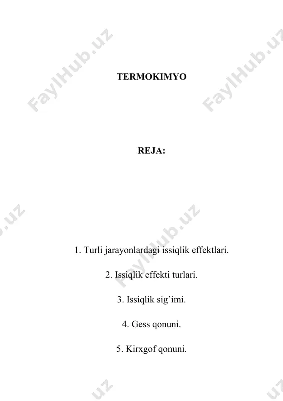giyaning o’zgarishiga teng. izoxorik sharoitda boradigan jarayonlarda sistemaning energiyaning o’zgarishiga (δu), izobarik ravishda boradigan jarayonlarda entalpiyaning o’zgarishiga (δh) teng. h = u + pv (4.3) va δh = δu + pδv (4.4) ideal gazlar uchun, pδv = nrt bo’lganligidan: δh = δu + δnrδt (4.5) δn – mollar soni. agar sistema ish bajarsa, dh > du bo’ladi, agar sistema ustida ish bajarilsa dh o, demak, dh > du. в) 3h2 + n2 = 2nh3, 2so2 + o2 = 2so3, kabi reaksilarda δh cv bo’ladi. qattiq va suyuq holdagi moddalarda, temperatura o’zgarishi bilan ularning hajmi kam o’zgaradi. shunga ko’ra, cv, cp o’rtasidagi farq kam bo’ladi. qattiq va suyuq holdagi moddalarda, temperatura o’zgarishi bilan ularning hajmi kam o’zgaradi. shunga ko’ra, cv, cp o’rtasidagi farq kam bo’ladi. shunga ko’ra, moddalarning bu holatlarida, taqribiy hisoblarda cp, cv – o’rtasidagi farqni hisobga olmasa ham bo’ladi. lekin moddalarning gaz holatida bu farqni e’tiborga olish kerak. o’rtacha …
