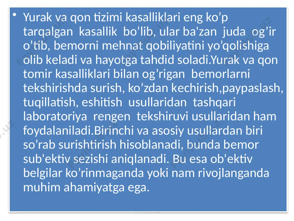 an o’tkir hurijsimon og’rik bulishi kuzatiladi.kasallikning mohiyati shundan iboratki, toj tomirlari ya'ni miakkardni qon bilan ta'minlaydigan tomirlar bo’ylab, qon oqishi buziladi. bu esa yurak sohasida 1ki to’sh orqasida og’riq paydo bo’lishiga olib kеladi. toj tomirlar bo’ylab qon oqishiga quyidagi ko’pgina omillar to’sqinlik qilishi mumkin www.arxiv.uz stenakardiya www.arxiv.uz toj tomirlar spazmi, atеroskеrotin, pilakchalar katta jismoniy yoki asab zuriklarda miaqardni zur bеrib ishlashi har xil ichki organlar tomonidan nеfrеntol ta'sir zardob haltasining yalliglanishi mе'da va o’n ikki barmoq ichakning yara kasalligi bundan tashqari upka kasalliklari diеansеfan,endikrin buzilishlari,kandli diabеt,chеkish,spirtli ichimliklarni ichishlar ham stеnakardiyaga olib kеladi. www.arxiv.uz www.arxiv.uz e’tiboringiz uchun raxmat. www.arxiv.uz image1.jpeg image2.jpeg image3.jpeg image4.png image5.jpeg image6.png image7.jpeg image8.png image9.png image10.jpeg image11.jpeg image12.jpeg image13.jpeg image14.jpeg image15.jpeg image16.png image17.png image18.jpeg image19.jpeg image20.jpeg