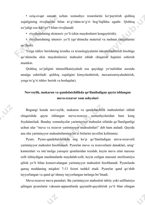 q moddaning miqdori 18-30 foizni tashkil etadi. pripaslar. pripaslar asoosan xushbo‘y hidli meva va rezavor mevalardan olingan yarimtayyor mahsuloti hisoblanadi. ularni tayyorlashda meva va rezavor mevalarning imkon qadar xushbo‘y hidini saqlab qolish choralarini ko‘rish talab etiladi. pripaslar asosan qandolat mahsulotlariga xushbo‘y yoqimli hid berish uchun qo‘llaniladi. pripaslar tayyorlashda ko‘pincha qora smorodina, malina, sitrus mevalaridan foydalaniladi. shuningdek pripaslar tayyorlashda ziravorlar ham qo‘llaniladi. sukatlar. sukatlar murabboning butun yoki tilimlarga kesilgan va quritilgan mevalaridir. mevalarning yuzasi shakar kukuni yoki shakar qiyomi bilan qoplangan bo‘lishi mumkin. sukatlar oliy, birinchi va sanoatda qayta ishlashga mo‘ljallangan navlarga bo‘linadi. ulardan pirojniy va tortlarni bezatishda, konfet va shokolad mahsulotlarini tayyorlashda foydalaniladi. tashqi ko‘rinishiga ko‘ra sukatlar butun mevalar yoki ularning qismlaridan iborat bo‘lishi kerak. ular shakli va o‘lchamiga ko‘ra bir jinsli, yopishmagan, yuzasiga shakar kukuni sepilgan yoki shakar qiyomi bilan qoplangan bo‘lishi kerak. tomat (pomidor) konsentratlari. bu yarimtayyor mahsulotlar tomatli makaron mahsulotlarini ishlab chiqarishda qo‘llaniladi. tomat konsentratlarga, asosan tomat-pyure …
