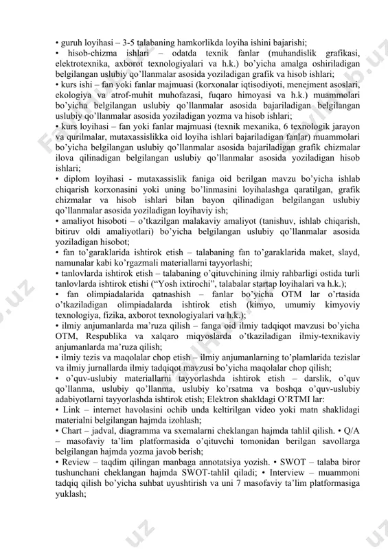davrida sana, vaqti, auditoriyasi va tьyutorlarni ko’rsatgan holda grafik bo’yicha o’tkaziladi. o’rtmi doirasidagi mashg’ulotlar maslahat va interfaol shakllarda bo’lishi mumkin, ularning nisbati o’rganilayotgan fanning murakkabligi, ularni o’rganishga ajratilgan audtoriya soatlari hajmi, talabalarning tayyorgarlik darajasi bilan aniqlanadi. yakka tartibda maslahat olgan talaba, o’qituvchilarning mehnatini hisobga olish bo’yicha jurnalga imzo qo’yadi. tmining sifatini kafedra nazorat qiladi, bunda tmi ning hajmi, mazmuni va hisobot turini tasdiqlaydi, ish hajmini, ketma-ketligini va topshirish muddatlarini aniqlaydi, tmi natijalari bo’yicha talabalar va o’qituvchilarning hisobotlarini ko’rib chiqadi. an’anaviy shakldagi o’qituvchi rahbarligidagi talabaning mustaqil ishlari (o’rtmi): • masala yechish – amaliy mashg’ulot mavzusi bo’yicha berilgan masalalarni yechish va uni yozma tarzda taqdim qilish; • referat – muammoning yozma bayoni, bunda adabiy manbalar sharhlanadi yoki ilmiy ish, kitoblar tahliliy bayon qilinadi; • kollokvium – o’quv modulining nazariy qismining o’zlashtirilishini tekshirish maqsadida suhbat uyushtirish; • esse – dolzarb mavzu bo’yicha shaxsiy fikrini tanqid, publitsistik va boshqa janrlarda yozma bayon qilish; • …