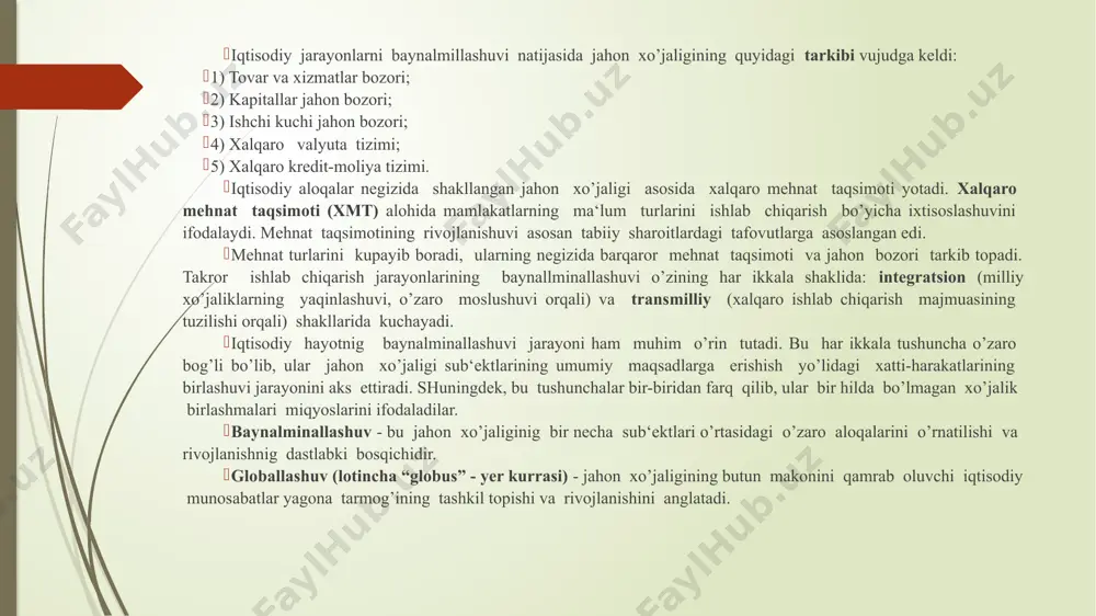 y axborotlar, mutaxassislar, fan sohasi xodimlari bilan ayirboshlashni, tadqiqot va yangiliklarni litsenziya asosida berishni, ilmiy-tadqiqot ishlari o’tkazishni, umumiy fan-texnika va texnologiyani ishlab chiqarish bo’yicha qo’shma tadbirkorlik o’z ichiga oladi. ilmiy-texnikaviy hamkorlikning muhim shakllaridan biri xalqaro injenering hisoblanadi. xalqaro injenering bir davlat tomonidan boshqasiga san‘at va boshqa ob‘ektlarni loyihalashtirish va qo’rish jarayoniga kerakli hisob-kitob loyihalarini berish hamda injenerlik-qurilish xizmati kursatishdan iborat bo’lib, loyihaga binoan ob‘ektlar quriladi. xalqaro iqtisodiy integratsiya - bu turli mamlakatlar iqtisodiy aloqalarining baqarorlashib, chuqurlashib rivojlanishi, ular xo’jaliklarining chambarchas birlashishi jarayonlaridir. integratsiya mikrodarajada va makrodarajada amal qiladi. xalqaro iqtisodiy integratsiyaning asosiy shakllari quyidagilar: 1. erkin savdo hududlari - bu iqtisodiy integratsiyaing eng oddiy shakli bo’lib, uning doirasida qatnashuvchi mamlakatlar o’rtasidagi savdo cheklashlari bekor qilinadi. erkin savdo xududlarining tashkil etilishi ichki bozorda milliy va xorijiy tovar ishlab chiqaruvchilar o’rtasidagi raqobatni kuchaytirib, bu bir tomondan, milliy ishlab chiqaruvchilarning bankrot (kasod) bo’lishi xafini ko’chaytirsa, boshqa tomondan ishlab chiqarishni takomillashtirish va yangiliklarni joriy …