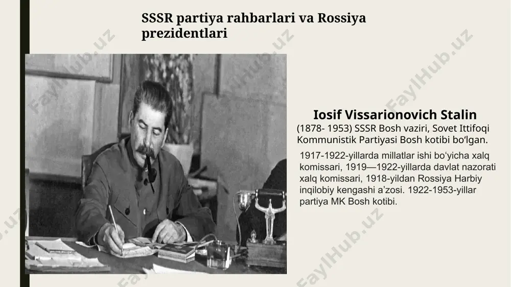 tibi. 1938-yil —1947-yil mart va 1947-yildek. 1949-yil ukraina kp(b) mk 1-kotibi, ayni vaqtda 1947-yil ukraina xks (ms) raisi. brejnev leonid ilich (1906–1982) – kpss mk 1 (1964-66) va bosh (1966—82) kotibi, sobiq ittifoq oliy kengashi prezidiumi raisi (1960-64, 1977-82). marshal (1976). 1941—45-yillardagi urushda siyosiy ishda. 1946-yildan ukraina kp(b) zaporojye, dnepropetrovsk viloyat qoʻmitalarining 1-kotibi, 1950—52-yillarda moldaviya kp(b) mk 1-kotibi. 1953-yildan armiya va harbiy-dengiz floti bosh siyosiy boshqarmasi boshligʻining oʻrinbosari. mixail sergeyevich gorbachov (1931-2022) — sovet ittifoqi tarixida birinchi va yagona prezidenti hamda dunyo tarixida eng katta sotsialistik mamlakatni parchalashi orqali tanilgan. sssr davlat arbobi. 1955-yili oʻqishni bitiradi. 1967-yil stavropol qishloq-xoʻjalik institutining (hozirgi stravpol davlat agrar universiteti) sirtqi boʻlimini aʼlo baholar bilan yakunlaydi. 1952-yilda sssr kommunistik partiyasi aʼzosiligiga qabul qilinadi. rossiya prezidentlari (1991 yildan hozirgacha) boris nikolayevich yeltsin (1931 — 2007) rossiya federatsiyasining birinchi prezidenti boʻlgan (1991—1999-yillar mobaynida). dehqon oilasida tugʻilgan. ural (sverdlovsk) politexnika institutini tugatgan (1955). 1955-yildan qurilish tashkilotlarida ishlagan. 1963-yildan …