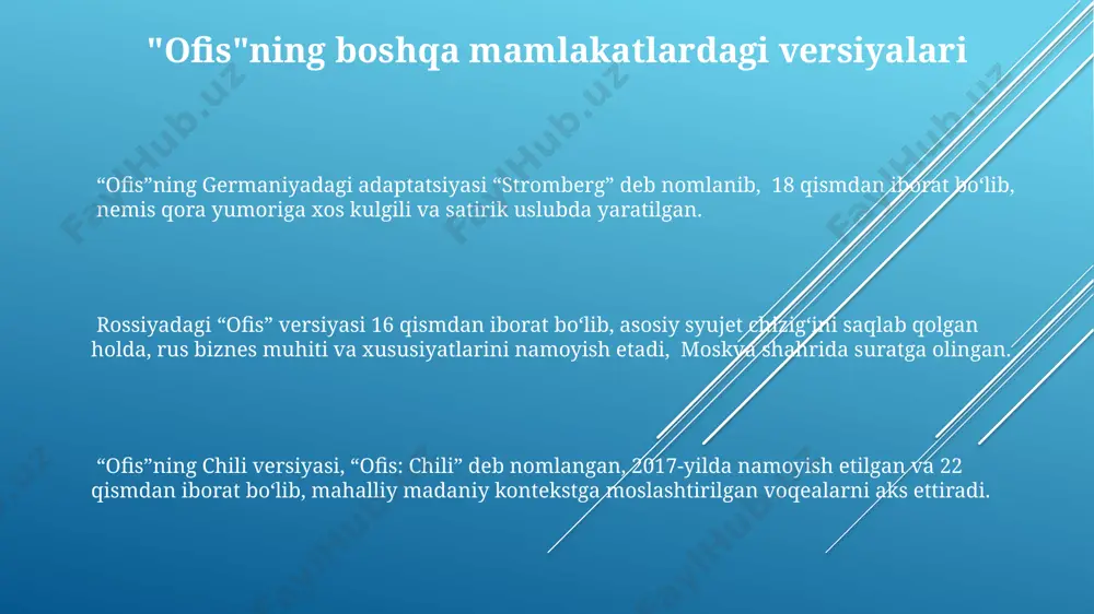 2005-yildan 2013-yilgacha davom etgan efir davri davomida yuqori reytinglarga erishilgan. serialning o'ziga xos qiziqarli personajlari, ularning o'zaro munosabatlari va kundalik hayotdagi kulgili voqealar 2000-yillarning boshidan boshlab butun dunyo bo'ylab millionlab muxlislarni jalb qildi. "ofis" serialining muvaffaqiyati, 9 mavsum davomida 200 dan ortiq epizodlarini namoyish etganligi va butun dunyo, jumladan aqsh, buyuk britaniya va kanada kabi mamlakatlarda katta tomoshabinlar olganligi bilan bog'liq. serialning ijtimoiy ta'siri serialdagi qahramonlarning xatti-harakatlari va munosabatlari aqshdagi ofis madaniyatiga oid stereotipik tasavvurlarni shakllantirishda va ularni butun dunyo bo‘ylab tarqatishda muhim rol o‘ynadi. “ofis” serialining global miqyosda 200 dan ortiq mamlakatda tomoshabinlarni jalb etgani, uning turli madaniyatlarga moslashuvchanligi va keng auditoriyani o‘ziga torta olganligini ko‘rsatadi. “ofis” serialining 177 ta epizodi orqali kulgi va his-tuyg‘ularning muvozanati, ko‘plab tomoshabinlar uchun stressni kamaytirish vositasi sifatida ta’sirini ko‘rsatdi, shu bilan birga, 30 dan ortiq mukofotlarga sazovor bo‘ldi. kulgili lahzalar va hazillar pam beesly va jim halpert o'rtasidagi munosabatlarning rivojlanishi, jumladan, 1-mavsumdan 9-mavsumgacha …