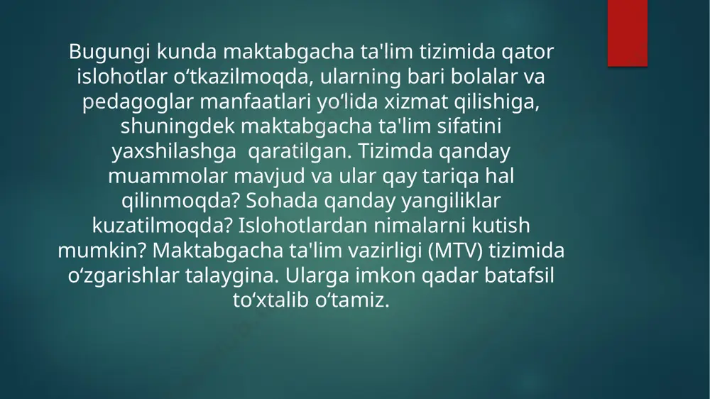 vojlanadi, sog‘lom hayot tarzi tarbiyalanadi va ular ijtimoiy muhitda o‘zlarini qanday tutish kerakligini tushuna boshlashadi. guruhlardagi bolalar soni shu yildan boshlab o‘zbekistonda bir guruhda 25 nafargacha bola bo‘lishi me'yoriy ko‘rsatkich sifatida belgilandi, ayniqsa sinov tariqasida faoliyat yuritayotgan maktabgacha ta'lim muassasalarida. ilgari esa bir guruhdagi bolalar soni 30 dan ziyod, ba'zidan esa 40 tagacha yetar edi, bu esa bolalarning sifatli maktabgacha ta'limga ega bo‘lishida muayyan muammolarni keltirib chiqarardi. e’tiboringiz uchun rahmat image6.jpg image7.jpg image2.png image3.png image4.png image5.png /docprops/thumbnail.jpeg