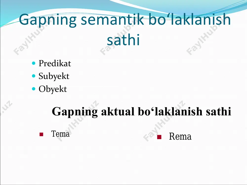 okim bo‘lak sifatida e’tirof etadilar uchinchi qarash namoyondalari esa gapning absolut hokim bo‘lagi sifatida kesimni tan oladilar ikkinchi qarashga muvofiq esa ega va kesim teng huquqli tarzida talqin qilinadi predikativlikni kesimlik ham deyishadi sintaktik shaxs predikativlikning tarkibiy qismlari modallikning, tugallangan intonatsiyaning ifodalanishi ham asosan kesimga bog‘liqdir sintaktik zamon sodda gaplarda gap bo‘laklarining tartibi: o‘zgargan tartib (so’zlashuv va badiiy uslubda) ma’lum bir qolip yo‘q. menga tanish bu yo‘llar. oddiy tartib (asosan, ilmiy uslubda) oldin:(aniqlovchi)ega so‘ng:(to‘ldiruvchi,hol)kesim bu yo‘llar menga tanish. adabiyotlar ro`yxati  1.sapaev q. hozirgi o‘zbek adabiy tili. t., 2009.  2.tursunov u., muxtorov x., rahmatullaev sh. hozirgi o‘zbek adabiy tili. – t., o’zbekiston. 1992.  3. shavkat rahmatullayev. hozirgi adabiy o‘zbek tili (darslik). toshkent: "universitet". 2006 http://www.ziyonet.uz/files/znuz_366_20101028150633  4. r.sayfullaeva va b.hozirgi o‘zbek adabiy tili. toshkent – 2009 http://www.ziyonet.uz/files/znuz_366_20101029170452  5.«hozirgi o’zbek tili» (morfologiya) fanidan ma’ruzalar matni.  nukus – 2010 http://www.ziyonet.uz/files/znuz_215446_20120203171522. e’tiboringiz uchun rahmat!