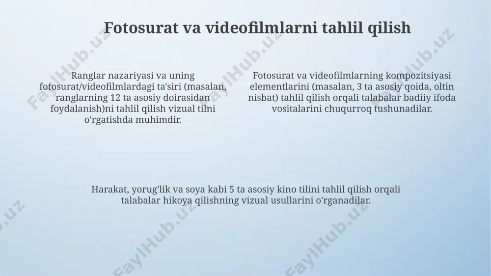 naydi, ularning uyg`unlashuvi 12 ta rang doirasi yordamida o`rganiladi. har xil geometrik shakllarni 6 ta turli rang bilan birlashtirish orqali dinamik yoki statik kompozitsiyalarni yaratish va ularning hissiy ta’sirini 7 ta hissiy rang tizimi orqali tushuntirish mumkin. kompozitsiyani 3ta asosiy element – nuqta, chiziq va shakl yordamida qurilishi va ularning o`zaro ta’sirini 5ta kompozitsion qoida orqali tahlil qilish imkonini beradi. tasviriy san'at asarlari bilan ishlash tasviriy san'at asarlari bilan ishlashda 3 bosqichli tahlil metodi (kuzatish, tahlil, baholash) o'quvchilarning kuzatuv ko'nikmalarini rivojlantirishga, asar kompozitsiyasi, rang va shaklini chuqurroq anglashga yordam beradi. “vizuallar hikoya qiluvchi” texnikasi yordamida o'quvchilar 10 ta rasm asosida hikoya tuzib, tasviriy san'at asarlarini matn bilan bog'lash, tahlil qilish va ijodiy yozish ko'nikmalarini oshiradilar. ranglar doirasidan foydalanib, 5-7 ta asarni taqqoslash orqali o'quvchilar ranglarning hissiy ta'sirini, badiiy ifoda vositalari sifatidagi rolini o'rganadilar va shaxsiy ijodiy izlanishlarini amalga oshiradilar. o'quvchilarda vizual fikrlashni rivojlantirish o'quvchilarda vizual fikrlashni rivojlantirishda 3d modellardan foydalanish, …