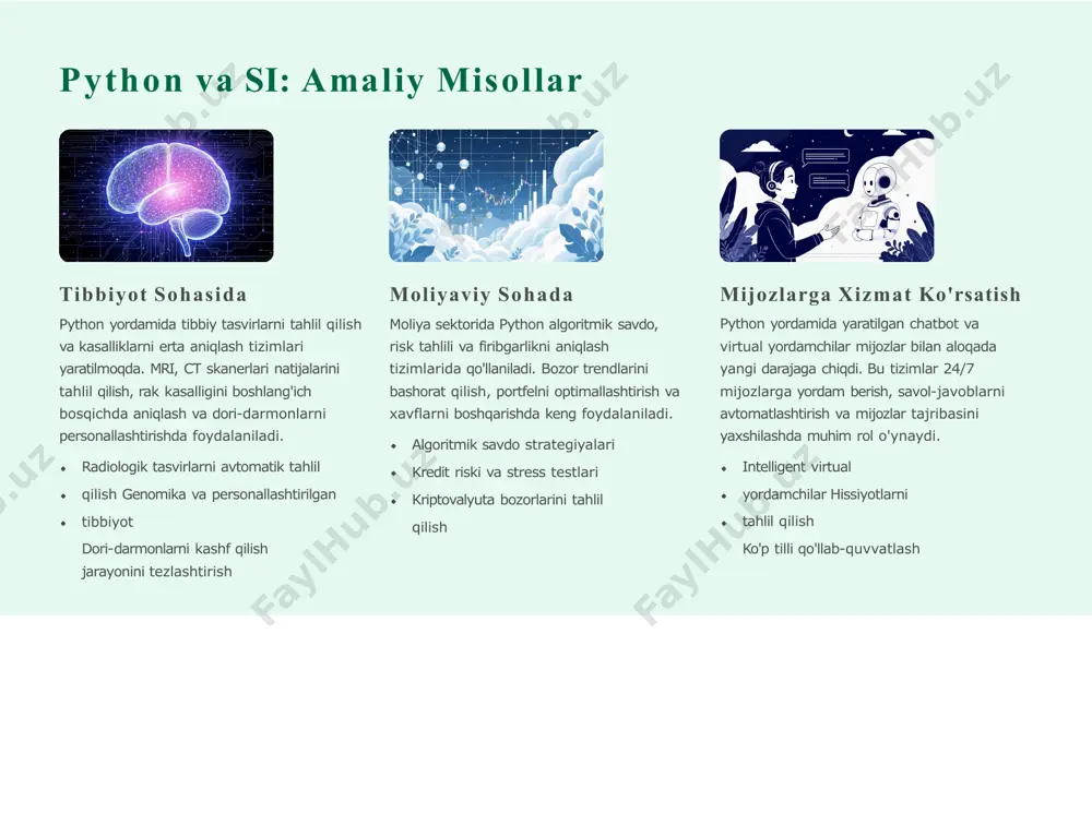 qurilmalar va iot sensorlarida ishlashi uchun optimallashtirilmoqda. real vaqt rejimida qaror qabul qilish imkoniyatlari kengaymoqda. h automl va no-code ai python orqali automl platformalari rivojlanmoqda, bu esa dasturlash bilmaydigan mutaxassislarga ham ai modellarini yaratish imkonini beradi. pythonning sun'iy intellektdagi innovatsion roli izohlovchi ai (xai) shap, lime kabi python kutubxonalari ai modellarining qaror qabul qilish jarayonini tushuntirish imkonini beradi. bu ayniqsa tibbiyot va moliya kabi muhim sohalarda zarur. model qarorlarini vizuallashtirish xatoliklarni tushunish va tuzatish ishonch va shaffoflikni oshirish tabiiy til qayta ishlash hugging face transformers kutubxonasi orqali gpt, bert kabi ilg'or til modellaridan foydalanib, chatbotlar va matn tahlil qilish tizimlarini yaratish mumkin. ko'p tilli modellar matn generatsiyasi sentiment tahlili katta ma'lumotlar boshqaruvi dask, apache spark kabi vositalar python orqali terabayf hajmdagi ma'lumotlarni samarali qayta ishlash imkonini beradi. bu big data va ai integratsiyasini osonlashtiradi. distributed computing real-time data processing scalable ml pipelines bu innovatsiyalar python tilini nafaqat dasturlash vositasi, balki …
