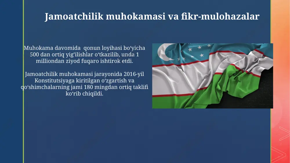 jarayoni davomida 275 nafar vakil jamoasi tomonidan 10 dan ortiq variantlar muhokama qilindi va takomillashtirildi. konstitutsiya loyihasi bo'yicha 1992-yil 29 dekabrda o'tkazilgan referendumda 94,2% saylovchilar uni qo'llab-quvvatladi, bu keng ko'lamli xalq qo'llab-quvvatlashini ko'rsatadi. konstitutsiya va inson huquqlari kitobda fuqarolarning asosiy huquq va erkinliklari, jumladan, so‘z erkinligi, yig‘ilish erkinligi va din erkinligi kabi 15 ta asosiy huquq konstitutsiya moddalari bilan batafsil izohlangan. “konstitutsiya va inson huquqlari” kitobi o‘zbekiston respublikasi konstitutsiyasining 26 yilligi munosabati bilan 2021-yilda nashr etilgan bo‘lib, unda 100 dan ortiq inson huquqlari bo‘yicha maqola va tahlillar mavjud. konstitutsiyaning ahamiyati va ta'siri konstitutsiyaning qabul qilinishi natijasida o'zbekiston xalqaro maydonda 100 dan ortiq davlat bilan diplomatik munosabatlar o'rnatdi va jahon hamjamiyatida o'z o'rnini mustahkamladi. konstitutsiya 1992-yilda qabul qilinganidan so'ng, o'zbekiston demokratik davlat sifatida 20 dan ortiq yil davomida rivojlanish yo'liga kirdi, bu davrda fuqarolarning huquq va erkinliklari mustahkamlandi. e'tiboringiz uchun rahmat @taqdimot_robot image4.jpg image5.jpg image6.jpg image7.jpg image8.jpg image9.jpg image10.jpg image11.jpg image12.jpg …