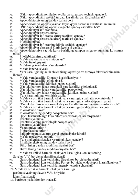 s tamoni nima? 40. churra xalta flegmonasi operatsiyasi vaqtida xirurg taktikasi nimadan iborat? 41. chuvalchangsimon usimta anatomiyasi, sintopiyasi? 42. chuvalchangsimon usimtaning kon bilan ta’minlanishi? 43. o‘tkir appenditsitning qanday etiologik nazariyalari bor? 44. o‘tkir appenditsit klassifikatsiyasi? 45. o‘tkir appenditsit patomorfologik o‘zgarishlari? 46. birlamchi gangrenoz appenditsit va ikkilamchi gangrenoz appenditsit farqi nimada? 47. o‘tkir appenditsit klinikasi? 48. o‘tkir appenditsitning qanday simptomlari mavjud? 49. o‘tkir appenditsitda tenezmlar nimadan dalolat beradi? 50. o‘tkir appenditsitda siydikda uzgarmagan eritrotsitlar bo‘lishi nimadan darak beradi? 51. o‘tkir appenditsit kariyalarda uziga xos kechishi qanday? 52. o‘tkir appenditsit xomilador ayollarda uziga xos kechishi qanday?. 53. o‘tkir appenditsitni qaysi 5 turdagi kasalliklardan farqlash kerak? 54. appendektomiyaning qanday turlari bor? 55. appedektomiya operatsiyasidan keyin qaysi asoratlar kuzatilishi mumkin? 56. o‘tkir appenditsitning operatsiyagacha qanday asoratlari bor? 57. appendikulyar infiltrat nima? 58. appendikulyar abssess nima? 59. appendikulyar infiltratda xirurg taktikasi qanday? 60. appendikulyar abssessda xirurg taktikasi qanday? 61. pileflebit nima? 62. appendikulyar infiltratning klinik …