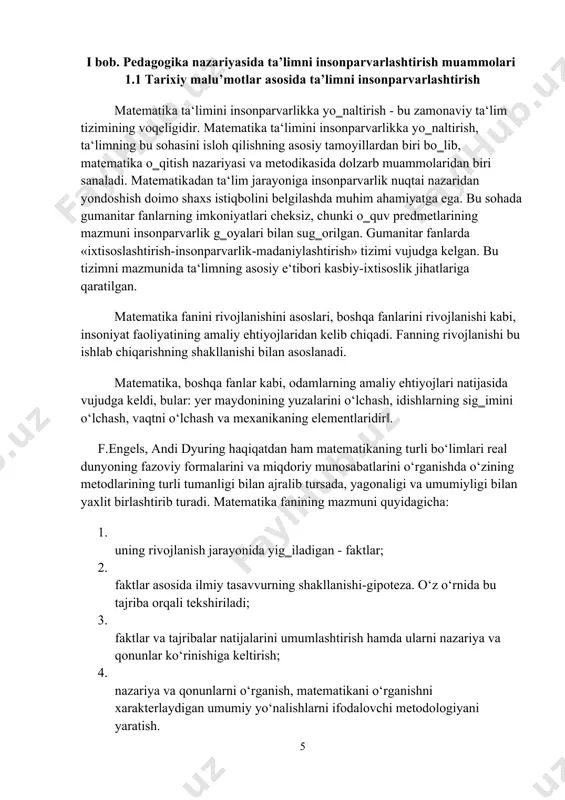 aqtni o‘lchash va mexanikaning elementlaridir‖. f.engels, andi dyuring haqiqatdan ham matematikaning turli bo‘limlari real dunyoning fazoviy formalarini va miqdoriy munosabatlarini o‘rganishda o‘zining metodlarining turli tumanligi bilan ajralib tursada, yagonaligi va umumiyligi bilan yaxlit birlashtirib turadi. matematika fanining mazmuni quyidagicha: 1. uning rivojlanish jarayonida yig‗iladigan - faktlar; 1. faktlar asosida ilmiy tasavvurning shakllanishi-gipoteza. o‘z o‘rnida bu tajriba orqali tekshiriladi; 1. faktlar va tajribalar natijalarini umumlashtirish hamda ularni nazariya va qonunlar ko‘rinishiga keltirish; 1. nazariya va qonunlarni o‘rganish, matematikani o‘rganishni xarakterlaydigan umumiy yo‘nalishlarni ifodalovchi metodologiyani yaratish. bu elementlar doimo o‘zaro aloqadorlikda va rivojlanishdadir.ana shu aloqadorlikni va rivojlanishni o‘rganish bizlar qanday tarixiy davrga olib borishni aniqlash ro‘yobga kelish sabablarini aniqlash - aynan mana shu matematika tarixining predmetini ifodalaydi. shuning uchun matematika tarixi matematikaning rivojlanishining qonunlarini o‘rganuvchi fandir. yo‘qoridagi aytilganlarga asosan matematika tarixi quyidagi masalalarni hal qilishi kerak: birinchidan matematikani fan sifatida rivojlanishining haqiqiy mazmuni yoritilishini .bularda matematikaning metodlari, tushunchalari va fikrlari qanday paydo …