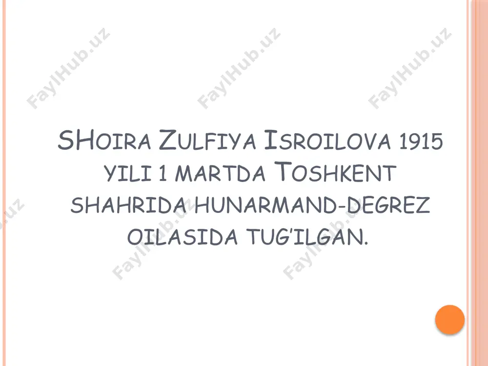 mayman, savobmi yo koni gunoh, zinhor shakkoklikka yo’ymang tilagim. jasadim daryoga tashlang, ruhim pok, obi rahmatlarda sovusin tanim... ... yallig’lanib yotar keksa xotiram ichida shu dardlar, tig’li siniqlar... ... holbuki, nur ichra dala-yu daram, holbuki, bog’imda bulbul chah-chahlar... hurriyat, keldingmi, nahotki kelding! kelar yo’llaringda pinhona toldim. mening ota-onam, jon vatanimda, elim taqdirida abadiy qolding... kelding-yey, istiqlol, istiqbol bo’lib, qalbimga nasiming bilan yo’l solding. sen shu hur nazmga ixtiyor berib, men og’ir bulutdek bir yog’ib oldim... hurriyat, kelding-yey, al-omon kelding, seni qalbim, ko’zim, so’zlarim quchar. vaqt yetsa shu xalqda qolar daftarim, vaqt yetsa, bu yoqda qolar dardlarim... ruhim u yoqlarga qush bo’lib uchar... 1995__ zulfiya… o`zbekiston respublikasi prezidentining 1999 yil 10 iyuldagi "zulfiya nomidagi davlat mukofotini ta'sis etish bo`yicha takliflarni qo`llab-quvvatlash to`g`risida"gi pf-2326-sonli farmonida barkamol avlodini voyaga yetkazish, ular orasidan iqtidorli qizlarning adabiyot, san'at, ta'lim fan va madaniyatni rivojlantirishdagi yutuqlari, shuningdek, keng ko`lamli islohotlarni jadallashtirishdagi faol ishtiroklarini rag`batlantirish ko`zda tutilgan. e`tiboringiz …