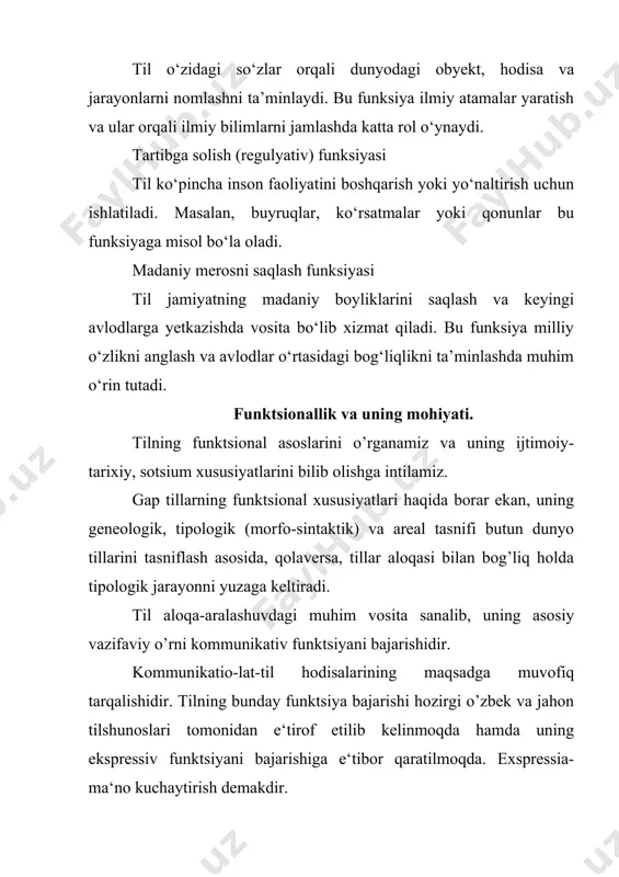 lishini til faktorlari orqali aks ettirishidadir deb ta‘kidlaydi. chunki, tilning vazifaviy jihatlari, ekspressivlik, estetik, gnoseologik xususiyatlarga ega bo’lib, tilning boyishiga asos bo’lishi mumkin. tilning funktsional tipologiyasi mantiqan yuzaga keladi. agarda uning shakllanishi xususida fikr yuritilsa, ma‘lum yaruslar asosida vujudga kelishini tushunish mumkin bo’ladi. uning fikricha, yuqori yarusi kommunikativ vazifada mantiqiy sxema asosida yuzaga keladi. ikkinchi, o’rta yarus bo’lak funktsiya-ijtimoiy, ekspressiv xususiyatga ega bo’ladi, uchinchi qo’yi yarus har bir qismning, ijtimoiy funktsiya bajarishini, xolbuki, tillar o’rtasidagi funktsiyaviy ifodalanish bilan bog’liq. shu o’rinda tilning funktsional tasnifi xususida ham ma‘lum bir masalalar borki, ular tilning funktsional asosda paydo bo’lishi, to’laqonli, maqsadli tarzda hosil qilinishi, tilning tasnifiy bo’linishidir. bu tarzda funktsional hosil qilinish tillarning umumiy tipologik qonuniyatlarini o’rganishda va funktsional taraqqiyot bosqichlarini his etishda yordam beradi. tilning funktsional bosqichlari quyidagi gruppalarga bo’linadi. 1. eski yozuvli tillar. miloddan oldingi yozuvli tillar, yozuvsiz tillar. o’zbek tili va uning funktsional taraqqiyoti ham shu gruppalanish asosida qurilishi mumkin. …