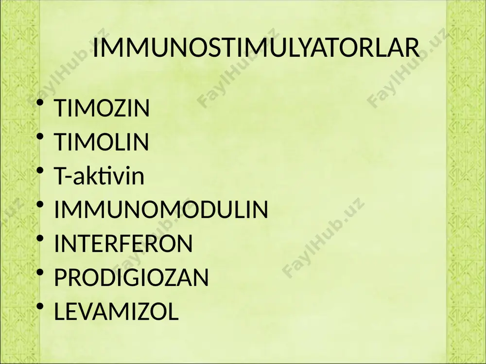 qon tomirlarining o’tkir yetishmovchiligida. antibiotiklar bilan mushak orasiga yuboriladi. immunodepresantlar organizm ximoya kuchlarining oshishi ba’zi xolatlarda salbiy ta’sir ko’rsatadi, shunday xollarda imunitetni pasaytirish uchun qo’llaniladi glyukokortikoidlar, azatioprin, sitostatik moddalar kiradi antitelo xosil bo’lishini to’xtatadi a’zo va to’qimalar ko’chish jarayononi susaytiradi. immunoglobulinlar. zardob, vaksinatsiyalar moddalar immun sistemaga ta’sir ko’rsatib, ba’zilari yuqumli kasalliklarga nisbatan imunitet xosil qilib, ularning oldini olish uchun, ba’zilari mikroorganizmlar toksinlarini neytrallab davolash uchun, ba’zilari tashxis qo’yish uchun qo’llaniladi turlari quturishga qarshi qoqsholga qarshi difteriyaga qarshi odam immuniglobulini tozalangan quruq tuberkulin-sil kasalligiga tashxis qo’yish uchun qo’llaniladi bsj- bolalar yoshiga qarab, 80% da 10 yilgacha immunitet xosil qiladi akds-difteriya, qoqshol, ko’kyutal oldini olish uchun, 3 marta, chaqaloq 6oyligida. allergik kasalliklarda qo’llaniladigan moddalar allergiyada organizmning immun jarayonlari, sezuvchanligi ortadi, allergen va unga nisbatan xosil bo’lgan antitelolar o’zaro birlashib, turli jaroxatlar paydo qiladi. ikki turda: tez va sekin xosil bo’ladigan allergik jarayonlar allergik kasalliklar: eshakemi, kvinke shishi, allergik rinit, konyuktivit, bronxial astma, …