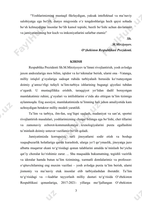h ko‘nikmalarini shakillantirish va rivojlantirish ta’lim soxasi vakillarining oldida turgan dolzarb vazifalardan biridir. barcha o‘quv predmetlar qatoriga kimyo fani asosida puxta va samarali o‘zlashtirishda zamonaviy ped texnologiyalardan foydalanishning o‘rni katta. o‘quvchilarning berilgan mavzular mazmunini tushunishi, unda aks etgan kimyoviy tushunchalar, qonunlar, ayrim moddalar misolida daliliy ma’lumotlarni o‘zlashtirishda o‘qitish metodlari yordamida amalga oshiriladi. bularning barchasi talab darajasida bo‘lishi uchun bugungi kunda kimyo ta’limida ham zamonaviy ped texnalogiyalardan foydalanish yaxshi samara beradi. xususan, anorganik kimyo darslarining o‘qitilishida zamonaviy ped texnologiyalaridan foydalanish, o‘quvchilar uchun darsning tushunarlilik darajasini oshirmoqda. buning natijasda o‘quvchilarninng bilim olish salohiyati o‘smoqda. shuning uchun biz bitiruv malakaviy ishimizni “o‘rta maktab kimyo kursida reaksiya tushunchasini shakllantirish va rivojlantirish ” deb nomlashga ahd qildik. quyida sizning e’tiboringizga xavola etilayotgan ishda adabiy ta’limiga mos zamonaviy ped texnologiyalar va ulardan o‘quv jarayonida unumli foydalanishga doir tavsiyalar aks ettirilgan. o‘zbekiston respublikasi “kadrlar tayyorlash milliy dasturi” ta’limning barcha bosqichlarini isloh qilishni asosiy vazifa qilib belgiladi. isloh …