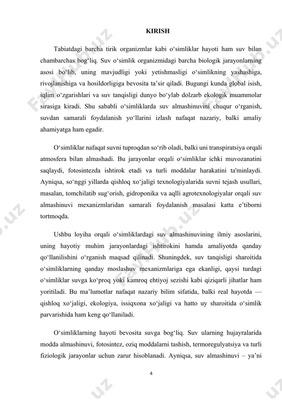 loe, yoki g‘o‘za kabi o‘simliklar misolida suv almashinuvi mexanizmlarini o‘rganish mumkin. tadqiqot predmeti — o‘simlik organizmidagi suv almashinuvi jarayonlari, ya’ni suvning ildizdan barglargacha bo‘lgan harakati, transpiratsiya orqali chiqarilishi, osmotik bosim, suv potensiali va ularning o‘simlik hayoti uchun ahamiyati bilan bog‘liq biologik mexanizmlardir. shuningdek, zamonaviy texnologiyalar yordamida o‘simliklarning suvga bo‘lgan ehtiyojini qanday aniqlash, ularni qanday samarali sug‘orish mumkinligi va suv tanqisligi sharoitida qanday moslashuvi ham ushbu kurs ishining predmeti doirasiga kiradi. kurs ishining hajmi: kurs ishi umumiy 2 ta bob, xulosa , foydalanilgan adabiyotlardan iborat i bob. suvning biologik ahamiyati. 1.1 suvning kimyoviy va fizik xossalari. suvning kimyoviy formulasi — h₂o, ya’ni ikki vodorod (h) va bir kislorod (o) atomidan tashkil topgan. bu oddiy ko‘ringan molekula o‘ziga xos burchakli tuzilishga ega (taxminan 104,5°), bu esa suvga qutblilik (polarlik) xususiyatini beradi. bu qutblilik tufayli suv molekulalari orasida vodorod bog‘lari hosil bo‘ladi, bu esa suvga bir qator noodatiy fizik xususiyatlar beradi. 2. suvning …