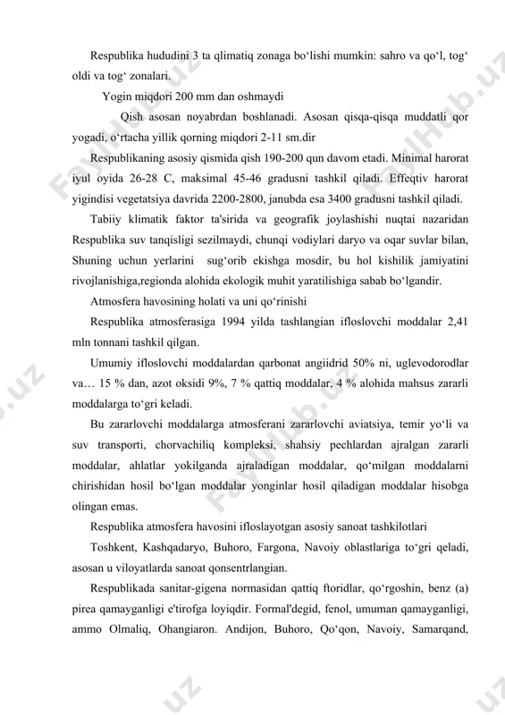 adi, asosan u viloyatlarda sanoat qonsentrlangian. respublikada sanitar-gigena normasidan qattiq ftoridlar, qo‘rgoshin, benz (a) pirea qamayganligi e'tirofga loyiqdir. formal'degid, fenol, umuman qamayganligi, ammo olmaliq, ohangiaron. andijon, buhoro, qo‘qon, navoiy, samarqand, fargona, chirchiq shaharlarida miqdori ortganligi, toshkent shahrida formal'degidning miqdori qeyingi yilda ortgan. suv resurslarini holati va uni qo‟riqlash. o‘zbekiston respublikasi sugorib ekiladigan rayonlarning eng yirigidir. respublikamizda pahtachilik, sholikorlik, sabzavotchilik, uzumchilik ho‘jaliklari rivojlangan. respublikada suvni ta'minlaydigan daryolar asosan: amudaryo, sirdaryo, zarafshon, qashqadaryo, surhandaryo, chirchiq, ohangaron va boshqa daryolar kiradi. qayerda ichimlik suv ko‘p bo‘lsa, uni avaylashga kam e'tibor beriladi. lekin taraqqiyot quchaygan sari ichimlik suvga bo‘lgan ehtiyoj kuchayib bormoqda, shuning uchun uni qayta ishlashga ehtiyoj kuchaymoqda. masalan reyn daryosining suvi shimol dengiziga quyilguncha 30 marta qayta ishlanadi. har yili er yuziga 120000 qm 3 ichimlik suvi yogadi, shundan 32000 qm 3 daryolarda oqib oqean va dengizlarga quyiladi. qolganlari bug‘lanadi, yoki o‘simlik va hayvon organizmida saqlanadi. suvga og‘ir metallar, ftoridlar, fenollar, hlor, …