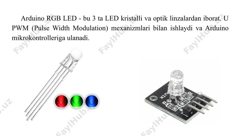 modelning arduinoga ulanish sxemasi: mustaqil ishlash uchun topshiriqlar: 1. ma’ruzaning nazariy materialini o‘rganish. 2. bundan tashqari ishlatilgan internet -resurslarni o‘rganing. 3. arduino sxemasida rgb ledni mustaqil o‘zingiz ulang. 4. arduino ideda mustaqil ravishda rgb led uchun dastur yozing. havolalar 1. http://edurobots.ru/2014/04/arduino-trehcvetnii-svetodiod/ 2. https://www.youtube.com/watch?v=nt824cziyiy 3. http://edurobots.ru/2014/04/arduino-trehcvetnii-svetodiod/ 4. https://www.youtube.com/watch?v=nt824cziyiy 5. https://www.youtube.com/watch?v=-sizkvwwhrw 6. http://electrik.info/ledlight/1411-rgb-svetodiody-kak-oni-rabotayt.html 7. https://www.youtube.com/watch?v=-sizkvwwhrw 8. http://electrik.info/ledlight/1411-rgb-svetodiody-kak-oni-rabotayt.html thank you that you took the time to watch image1.png image2.jpeg image3.jpeg image4.jpeg image5.jpeg image6.png image7.jpeg image8.jpeg image9.jpeg image10.jpeg image11.jpeg image12.jpeg image13.jpeg image14.png image15.jpeg image16.jpeg image17.png image18.png /docprops/thumbnail.jpeg