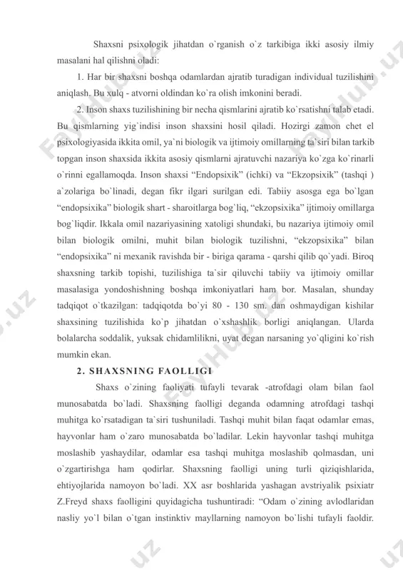 on bo`ladigan va uning aniq yashash sharoitiga bog`liqligini ifodalovchi holatdir. ehtiyojlar paydo bo`lishiga ko`ra, moddiy (tabiiy) va ma`naviy (madaniy) ehtiyojlarga bo`linadi. moddiy ehtiyojlarga uxlash, jinsiy yashash, ovqat eyish, issiq va sovuqdan saqlanish, uy - joyga bo`lgan ehtiyojlar kiradi. ma`naviy ehtiyojlarga kishilarning ijtimoiy ong mahsulotlariga bo`lgan muhtojligi kiradi. bunday ehtiyojlarga - o`zaro suhbatlashish, kitob o`qish, kino - teatr tomosha qilish, musiqa tinglash kabilar kiradi. biz moddiy ehtiyojlarimizni madaniy ehtiyojlar asosida qondiramiz. moddiy va ma`naviy ehtiyojlar albatta qondirilishi shart. inson shaxsining faolligi uning qiziqishlarida ham namoyon bo`ladi. qiziqish- shaxsning oliy nerv faoliyatidagi narsa va hodisalarni bilishi, anglash istagi bilan bog`liq bo`lgan munosabatidir. qiziqishlar moddiy, ma`naviy, salbiy, ijobiy, davomli, qisqa muddatli bo`ladi. qiziqishlar asosida shaxsning dunyoqarashi va ishonch - e`tiqodlari tarkib topadi. biz yoshlarda mehnatga ehtiyojni tarbiyalashimiz kerak. inson shaxsi xulq - atvorining o`z motivlari bo`ladi. motiv - ma`lum ehtiyojlarini qondirish bilan bog`liq bo`lgan qandaydir faoliyatga moyillikdir. agar ehtiyojlar inson shaxsi faolligining moxiyatini …