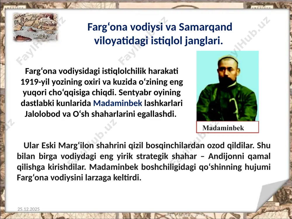 viklar chekistlar va josuslar yordamida 1922-yil kuzida bahrombek va ukasi shahriyor qo‘rboshini qo‘lga olishib, samarqand shahrida otib tashlashgan. ahmad zaki validiyning yozishicha, ochilbek 1921-yildan boshlab “turkiston milliy birligi” tashkiloti ko‘rsatmalari asosida faoliyat ko‘rsatgan. kitob atrofida 1923-yil 10-mayda qizil askarlar bilan bo‘lgan janglarning birida ochilbek (u xalq o‘rtasida jasurligi uchun ochildov sifatida mashhur bo‘lgan) mardlarcha halok bo‘lgan. 18.02.2019 11 qo‘rboshilar faoliyati hamda qo‘rboshilar qurultoylari. 18.02.2019 12 qo‘rboshilar istiqlolchilarning harbiy rahbarlari bo‘lib, ular xalq o‘rtasida o‘z jangovarliklari bilan mashhur edi. o‘z vaqtida farg‘ona vodiysida kichik ergash, katta ergash, madaminbek, shermuhammadbek, islom polvon, samarqand viloyatida ochilbek, bahrombek va boshqalar harakatga rahbarlik qildilar. istiqlolchilik harakatini tashkiliy jihatdan uyushtirishda farg‘ona vodiysi, buxoro va xorazmdagi qo‘rboshilarning mazkur davrda bo‘lib o‘tgan 30dan ortiq qurultoylarining ahamiyati katta bo‘lgan. 18.02.2019 13 ularda rahbarlar saylangan, qo‘rboshilar yagona qo‘mondonlik qo‘l ostiga birlashtirilgan. ammo bunga doim ham amal qilinmas edi. shuningdek, qurultoylarda qo‘rboshilar guruhlari harakat qiladigan joylar va ularning ta’sir doirasi belgilab …
