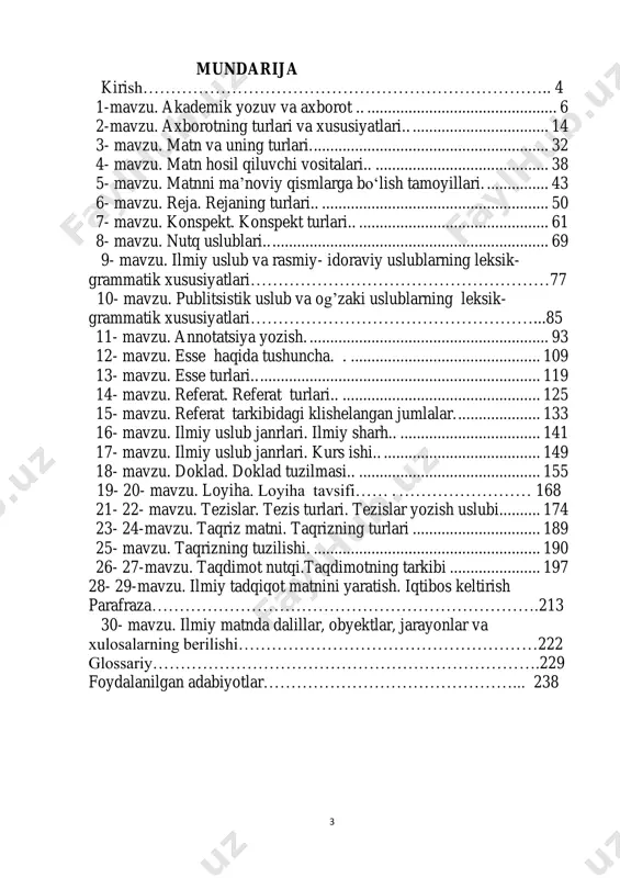 anilgan adabiyotlar………………………………………... 238 4 kirish o‘zbekiston respublikasi mustaqillikka erishib, demokratik huquqiy davlat va fuqarolik jamiyati qurish yo‘lidan borayotgan bugungi kunda dunyo andozalari darajasidagi bilimdon, zukko, har tomonlama еtuk mutaxassis kadrlarni tayyorlash muhim ahamiyat kasb etmoqda. mazkur fan talabalarga matnlar, ularning turlari, har bir matnda aks etishi lozim bo‘lgan ma’lumotlar, axborotlar, ijtimoiy-iqtisodiy, siyosiy- ma’naviy hayotimizga oid hamda o‘rganayotgan mutaxassisliklariga doir terminlar, ularni tanlashdagi o‘ziga xos xususiyatlarni o‘rgatish uchun mo‘ljallangan. bu esa ta’lim andozalariga yangi, zamonaviy fanlarni kiritish orqali amalga oshiriladi. endilikda respublikamizdagi barcha korxonalarda yuritiladigan hujjatlarni o‘zbek tili qonun-qoidalariga mos ravishda rasmiylashtirilishiga erishishdek ulkan vazifa hammamizning oldimizda turibdi. “kadrlar tayyorlash milliy dasturi” va “ta’lim to‘g’risida”gi qonun talablaridan kelib chiqqan holda toshkent axborot texnologiyalari universiteti bakalavrlariga “akademik yozuv” fani kiritildi. bu fanni o‘qitishdan maqsad bakalavrda mutaxassislik tili, mutaxassislik terminologiyasi, mutaxassislik matni, mutaxassislik nutqi asoslarini shakllantirishdan iboratdir. shunga ko‘ra universitet talabalari uchun “akademik yozuv” kursining kiritilishi maqsadga muvofiq ish bo‘ldi. “akademik yozuv” fani …