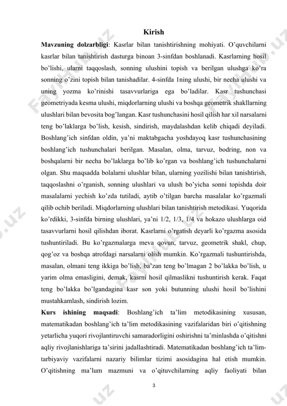 azmalarga meva qovun, tarvuz, geometrik shakl, chup, qog’oz va boshqa atrofdagi narsalarni olish mumkin. ko’rgazmali tushuntirishda, masalan, olmani teng ikkiga bo’lish, ba’zan teng bo’lmagan 2 bo’lakka bo’lish, u yarim olma emasligini, demak, kasrni hosil qilmaslikni tushuntirish kerak. faqat teng bo’lakka bo’lgandagina kasr son yoki butunning ulushi hosil bo’lishini mustahkamlash, sindirish lozim. kurs ishining maqsadi: boshlang’ich ta’lim metodikasining xususan, matematikadan boshlang’ich ta’lim metodikasining vazifalaridan biri o’qitishning yetarlicha yuqori rivojlantiruvchi samaradorligini oshirishni ta’minlashda o’qitishni aqliy rivojlanishlariga ta’sirini jadallashtiradi. matematikadan boshlang’ich ta’lim-tarbiyaviy vazifalarni nazariy bilimlar tizimi asosidagina hal etish mumkin. o’qitishning ma’lum mazmuni va o’qituvchilarning aqliy faoliyati bilan ta’sirlanadigan u yoki bu o’quv yo’nalishi ucnun eng samarali usullarni qo’lay bilish darsga tayyorlanishda yoki darsning o’zida yuzaga keladigan aniq metodik vazifalarni hal etishi zarur. kurs ishining vazifasi: bashlang’ich sinflarda o’quvchilarning aqliy rivojlanishlariga asos solinishi sababli boshlang’ich sinf o’qituvchisi uchun o’quvchilarning aqliy faoliyatlati darajasini va imkoniyatlarini bilish va hisobga olish muhimdir. dars o’tish jaroyonida o’qituvchi …