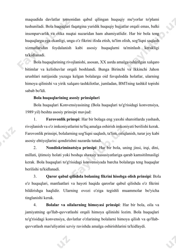 uquqlari to'g'risidagi konvensiya, davlatlar o'zlarining bolalarni himoya qilish va qo'llab-quvvatlash mas'uliyatini uzviy ravishda amalga oshirishlarini ta'kidlaydi. 5. bolalar huquqlarining ijtimoiy muvozanati: bola huquqlari faqatgina individual emas, balki jamiyatning barcha a'zolariga, ayniqsa, ota-onalarga, ta'lim muassasalariga va davlat organlariga bog'liq bo'lib, ular birgalikda bola farovonligini ta'minlashi kerak. bola huquqlari va global muammolar bola huquqlari faqatgina yuridik yoki formal huquqlarga oid emas, balki iqtisodiy, ijtimoiy, madaniy va psixologik jihatlardan ham katta muammo bo'lib qolmoqda. jahon bo'ylab bolalar hali ham urushlar, ijtimoiy tengsizlik, qashshoqlik, noto'g'ri ta'lim tizimlari va tibbiy xizmatlarga erishishda ko'plab muammolarga duch kelmoqda. hozirgi kunda bola huquqlarining ta'minlanishi nafaqat davlatlar darajasida, balki global miqyosda ham jiddiy masalalarga aylangan. o'zgarayotgan global ijtimoiy sharoitlar, iqtisodiy inqirozlar va iqlim o'zgarishlari bolalar huquqlariga qanday ta'sir qilmoqda? urushlar, xususan, rivojlanayotgan davlatlarda bolalar huquqlari buzilishi, bolalarni zo'rlash va ekspluatatsiya qilish kabi masalalar kundalik haqiqatga aylanib bormoqda. bola huquqlari va ta'lim tizimi ta'lim - bu bola huquqlarining ajralmas qismi …