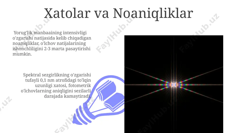 rganishda ishlatiladigan usul bo'lib, 300-700 nm diapazonidagi nurlanish intensivligini o'lchash orqali alangalar temperaturasini va tarkibini aniqlashga imkon beradi. ushbu usulda fotodiodlar yoki fotoko'paytirgichlar kabi foto detektorlar qo'llaniladi va olingan ma'lumotlar spektrofotometr yordamida tahlil qilinadi, natijada alangadagi turli kimyoviy elementlarning konsentrasiyasi aniqlanadi. asosiy tushunchalar va terminlar 01 02 nur manbasining yorqinligi (kandela) va yorug'lik intensivligi (lyuks) o'rtasidagi farqni tushunish muhim, chunki ular yorug'likni turli jihatlardan tavsiflaydi va har xil formulalar yordamida hisoblanadi. sales 1st qtr 2nd qtr 100 0 sales 1st qtr 2nd qtr 100 0 e'tiboringiz uchun rahmat @taqdimot_robot image4.jpg image5.jpg image6.jpg image7.jpg image8.jpg image9.jpg image10.jpg image11.jpg image12.jpg image13.jpg image14.jpg image15.jpg image1.jpeg image2.jpeg image3.jpeg