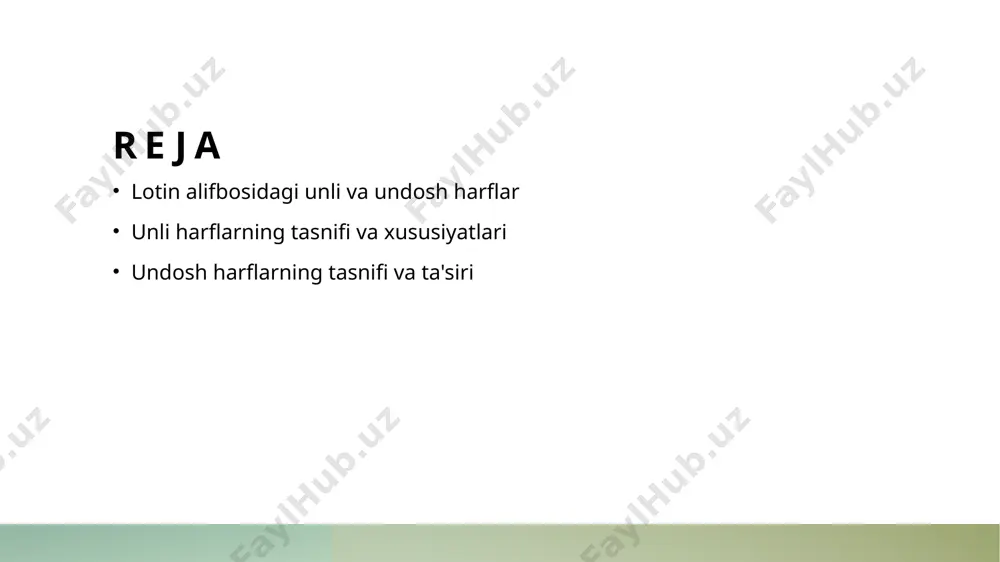 anishiga ta'sir ko'rsatadi. ularning o'zgarishi, yangi so'zlar va talaffuzlarni yaratishga olib keladi, bu esa tilning boyishini ta'minlaydi. unli harflar: o'zbek tilidagi ahamiyati va o'ziga xos xususiyatlari. 1 unli harflarning o'rni - unli harflar o'zbek tilida so'zlarning ma'nosini aniqlashda muhim rol o'ynaydi, bu esa ularning talaffuzini osonlashtiradi. 2 unli harflarning xususiyatlari - o'zbek tilidagi unli harflar, masalan, "a", "e", "i", "o", "u", tovushlarning rang-barangligini yaratib, tilning melodik tuzilishini boyitadi. 3 unli harflar va talaffuz - unli harflar talaffuzda so'zlarning intonatsiyasini belgilaydi. ularning to'g'ri talaffuzi tilni aniq va tushunarli qiladi, shuningdek, nutqning tabiiyligini ta'minlaydi. unli harflarning tasnifi: ularning turli guruhlariga qarab taqsimlanishi. 01 unli harflar turlari o'zbek tilida unli harflar to'rt asosiy turga bo'linadi: keng, tor, yassi va yumshoq. har bir turning talaffuz xususiyatlari farq qiladi. 02 unli harflarning o'ziga xosligi unli harflar o'ziga xos talaffuz va fonetik xususiyatlarga ega. ular so'zning ma'nosini o'zgartirishda muhim rol o'ynaydi, chunki har bir unli harfning …