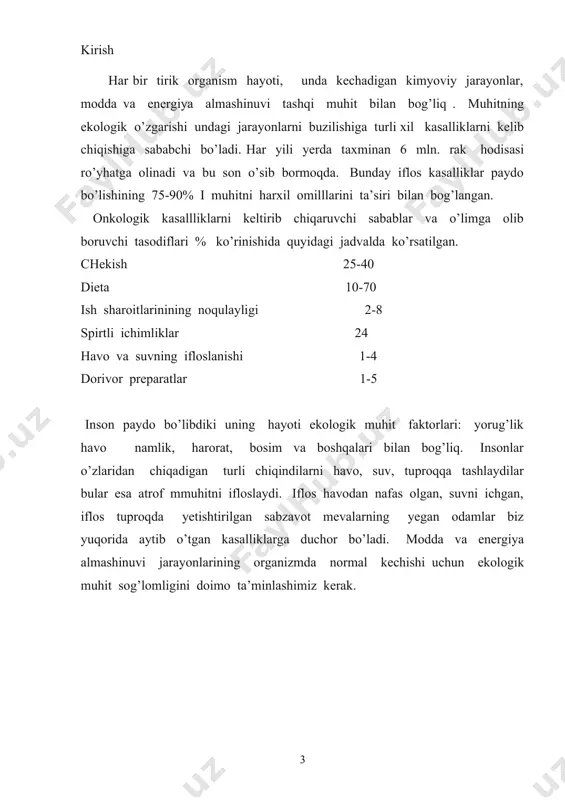 lardagi potentsial energiya issiqlik,mexanik va elektr energiyasiga aylanadi. hosil bo’lgan energiya hisobiga to’qimalarva organlar ish bajaradi,hujayralar ko’payadi, ularning eskirgan tarkibiy qisimlari yangilanadi yosh oganizim o’sadi va rivojlanadi.ana shu energiya hisobiga odam tana haroratining doimiyligi taminlanadi shunday qilib, moddalar va energiya almanashinuvi bir biriga chambarchas bog’liq. tirik organizmda moddalar va energiya almashinuvi uzluksiz davom etibturadi, yani moddalar va energiya almashinuvi tirik organizmning yashash belgisi hisoblanadi. tirik organizmning fiziologik hususiyati bo’lgan bu jarayonlar materiya va energiyaning saqlanish qonuni asosida o’tadi. bunda moddalar va energiya yo’qolmaydi, balki bir turdan ikkinchi turga aylanadi. 2.moddalar almashinuvi bir-biriga chambarchas bog’liq bo’lgan ikki jarayon,yani assimilyatsiya va dissimilyatsiya orqali o’tadi. bular anobolizm va katobolizm deb ham ataladi. ovqat moddalari tarkibiy qisimlarining hujayralarga o’tishi assimilyatsiya yoki anabolizm debataladi. bu jarayon natijasida hujayralarning tarkibiy qismlari yangilanadi, ular ko’payadi. organizm qancha yosh bo’lsa, unda assimilyatsiya jarayoni shuncha faol o’tadi. bu esa yosh organizmning o’sishi va rivojlanishini ta’minlaydi hujayralar eskirgan tarkibiy kismlarining …