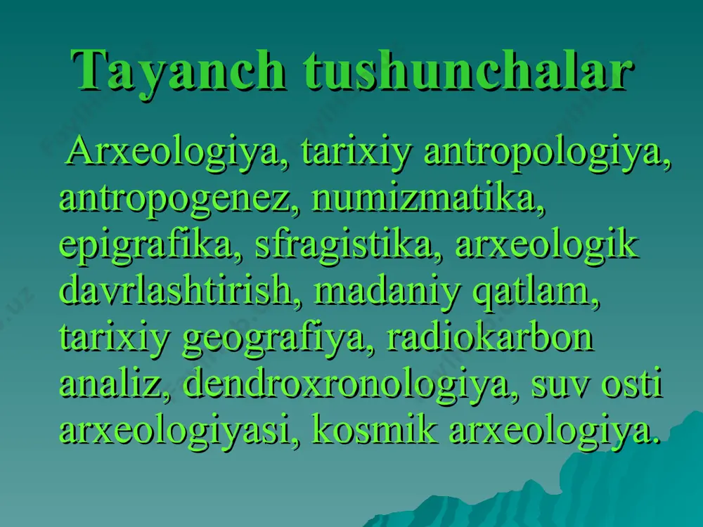 xelogiya fani yer qa`rida tepaliklar shaklida bizni davrimizgacha saqlanib qolgan shahar va qishloqlarni, tog`lardagi g`or makonlarni arxeologik tadqiqotlar yordamida o`rganadi. arxeologiya fanining asosiy maqsadi - arxeologik yodgorliklarni o`rganish asosida insoniyat tomonidan yaratilgan moddiy madaniyat yutuqlarining uzviy taraqiyot jarayonini aniqlash va ilmiy xuloslar berish. arxeologiya fanining vazifalari: 1. insoniyat tomonidan yaratilgan moddiy-madaniyatning paydo bo`lishi va rivojlanish bosqichlarini o`rganadi. 2. moddiy madaniyat asosida jamiyat taraqqiyotini o`rganadi. 3. har bir tarixiy davrga xos bo`lgan tarixiy jarayonlarni moddiy madaniyatda aks ettiradi. 4. arxelogiya tarixiy fanlar, xususan antrapologiya, etnografiyalar bilan hamkorlikda odamning paydo bo`lishi, rivojlanishi va migratsiya jarayonlarini o`rganadi. maxsus ilmiy muzeylar barpo etildi arxeologik yodgarliklarni saqlash va ta’mirlash ishlari yo`lga qo`yildi tabiy fan yutuqlari asosida rivojlantirildi fundamеntal tadqiqotlar yaratildi xalqaro aloqlarga asos solindi o`zbekistonning qadimgi tarixi yaratilmoqda arxeologiya mustaqillik yillarida 1. arxeologik yodgorlikning umumiy ko`rinishi 2. arxeologik qazishma jarayoni 3. arxeologik tadqiqot natijasida olingan madaniy qatlam savollar 1. arxeologiya so`zi qanday lug`aviy ma’noni anglatadi? …