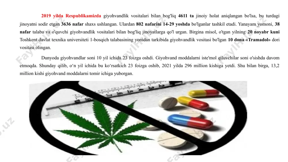 b bo‘lmaydi. jumladan, bangilarni davolash uchun katta miqdorda mablag‘lar sarflanadi. bu mablag‘lar davlat byudjyetidan ajratiladi. mutaxassislprning xisob kitoblariga qaraganda, bugungi kunda har olti giyohvandning bittasi davolanish imkoniyatiga ega ekan. ularni davolanishi uchun bir yilda o‘rtacha 35 milliard dollar sarflanadi. bangilarni davolash uchun ajratiladigan sarf-xarajatlar o‘z yo‘liga. ammo ularning jamiyat xayotiga tahdid solishlarini ham aslo yoddan chiqarish kerak emas. shu sababli ham bangilar sog‘liqni saqlash tizimidan tashqari ijtimoiy hayotga xam muammo yaratuvchi sifatida tan olinadi. bangilarning qurboni har bir kishi bo‘lishi mumkin. giyohvandlikka mubtalo bo‘lish nafaqat bir shaxsning muammosi balki, ularning oilasi, jamimyat uchun ham bosh-og‘rig‘idir. so‘nggi yillarda jahon mamlakatlarida giyohvandlikka qarshi keng qamrovli kurash olib boriloqda. uning uchun turli tadbirlar o‘tkazilmoqda. bunda ijtimoiy reklamalardan ham keng foydalanilmoqda. eng muhimi sog‘lom turmush tarzini targ‘ib etish yo‘lida ko‘p ishlar amalga oshirilmoqda. giyohvandlikka qarshi kurash doirasida giyoxvand moddalarni noqonuniy savdosiga chek qo‘yish ham asosiy vazifalardan hisoblanadi. transmilliy giyohvand moddalar savdosiga qarshi kurashda xalqaro …
