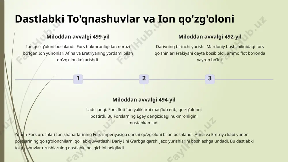 a dengiz ustunligi termopil jangi (miloddan avvalgi 480-yil) leonid boshchiligidagi 300 spartalik va boshqa yunon ittifoqchilari kserksning ulkan armiyasini termopil darasida ushlab turishdi. bu qahramonlik harbiylar uchun ilhom manbai bo'ldi. salamin jangi (miloddan avvalgi 480-yil) themistokl boshchiligidagi yunon floti salamin bo'g'ozida fors flotini tor-mor etdi. bu dengizdagi g'alaba forslarning dengiz ta'minot yo'llarini uzib, quruqlikdagi qo'shinlarini zaiflashtirdi. termopil jangida yunonlarning jasorati va salamin jangidagi strategik dengiz g'alabasi kserksning g'arbga yurishining burilish nuqtasi bo'ldi. salamindagi mag'lubiyat forslar uchun katta zarba bo'lib, ularning dengiz ustunligiga chek qo'ydi. 4 plataeya va mykale: yakuniy g'alabalar 1 plataeya jangi (miloddan avvalgi 479-yil) pausanias boshchiligidagi birlashgan yunon armiyasi plataeyada mardoniyning fors qo'shinlarini qat'iy mag'lub etdi, bu esa forslarning yunonistonga quruqlikdagi bosqiniga yakun yasadi. 2 mykale jangi (miloddan avvalgi 479-yil) xuddi shu kuni, leotixidas boshchiligidagi yunon floti mykale burnida fors flotini va quruqlikdagi qo'shinlarini yo'q qildi. bu g'alaba ion shaharlarini forslardan ozod qildi. plataeya va mykale janglari yunon-fors …