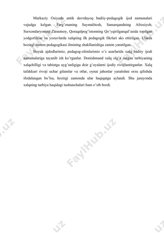 rning yonma-yon yashay oladigan, bir-birini mantiqan inkor qilmaydigan, ammo o’zaro farqlanuvchi nusxalarida o’z ifodasini topadigan xususiyatdir. masalan, “alpomish” dostonining xalq orasida 30 dan ortiq variantlari yashab kelmoqda: an‘anaviylik-etnopedagogika manbalarining avloddan-avlodga o’tish jarayonida o’zining dastlabki shakli va qahramonlarini saqlab qolganligida ko’zga tashlanadi. mdh mamlakatlarida xalq pedagogikasi muammolari rusiyalik g.s. vinogradov, gruziyalik a.f. xintibidze, chuvashistonlik g.n. volkov, tataristonlik ya.i. xanbikov, ozarbayjonlik a.sh. hoshimov, tojikistonlik sh.a. mirzaev, turkmanistonlik k.pirliev va boshqalar tomonidan tadqiq etilgan. o’zbekistonda xalq pedagogikasining ba‘zi muammolari z.mirtursunov, b.qodirov, i.ashirboev, g.ubaydullaev, m.sherboev va boshqalar tomonidan tadqiq etilgan. “etnopedagogika” atamasini ilk bor chuvashistonlik g.n.volkov pedagogik adabiyotlarga kiritdi va uni alohida fan sifatida ta‘riflab berdi. (volkov g.n. va boshqalar. etnopedagogika. toshkent, “fan”, 2000 s.6.). xalq pedagogikasi manbalari va ulardagi pedagogik fikrlar xilma-xilligi, rang-barangligi ham kishi diqqatini o’ziga tortadi. avvalo, xalq pedagogik madaniyatining tarkibiy qismi sifatida etnopedagogika manbalarida pedagogika nazariyasi muammolari emas, balki pedagogik amaliyotiga doir fikrlar ko’proq o’z aksini topgan. shuningdek, etnopedagogika manbalarida …