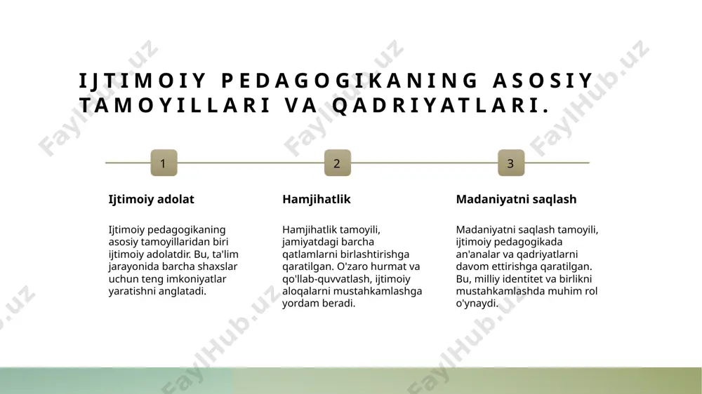 ernizatsiyasiga yordam beradi, yoshlarni jamiyatga mos ravishda tarbiyalaydi va ularning ijtimoiy faolligini oshiradi. madaniy moslashuv o'zbekistonning boy madaniyati ijtimoiy pedagogikaning asosiy qismi sifatida ko'rib chiqiladi, bu esa yosh avlodni mahalliy qadriyatlar bilan bog'laydi. innovatsion yondashuvlar ijtimoiy pedagogika innovatsion metodlarni qo'llab-quvvatlaydi, bu esa ta'lim jarayonida kreativ fikrlash va muammolarni hal etishga yordam beradi. o'zgarayotgan talablar jamiyatdagi o'zgarishlar talablar va kutilmalarga ta'sir qiladi, bu esa ijtimoiy pedagogikada yangilanayotgan dasturlarni ishlab chiqish zaruratini tug'diradi. ijtimoiy pedagogikaning zamonaviy vazifalari: yosh avlodni tarbiyalash. 1 yosh avlodni tarbiyalash yosh avlodni tarbiyalash jarayoni, ularning shaxsiy va ijtimoiy rivojlanishiga xizmat qiluvchi ta'lim va tarbiya usullarini o'z ichiga oladi. 2 ta'limning ahamiyati ta'lim, yoshlar uchun zarur bilim va ko'nikmalarni taqdim etib, ularni jamiyatga foydali shaxslar sifatida tarbiyalashda muhim rol o'ynaydi. 3 ijtimoiy mas'uliyat yosh avlodni tarbiyalash jarayonida ijtimoiy mas'uliyatni oshirish, ularni jamiyatda faol ishtirok etishga va ijtimoiy muammolarni hal qilishga tayyorlaydi. ijtimoiy pedagogikaning asosiy metodologik yondashuvlari: teoriya va amaliyot. …